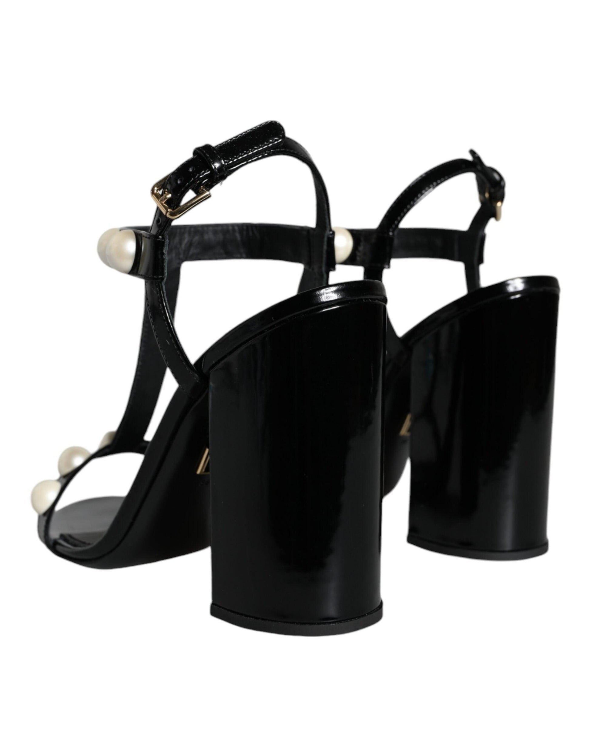 Dolce & Gabbana Black Leather Pearls T-strap Sandals Shoes - Arichezz.store