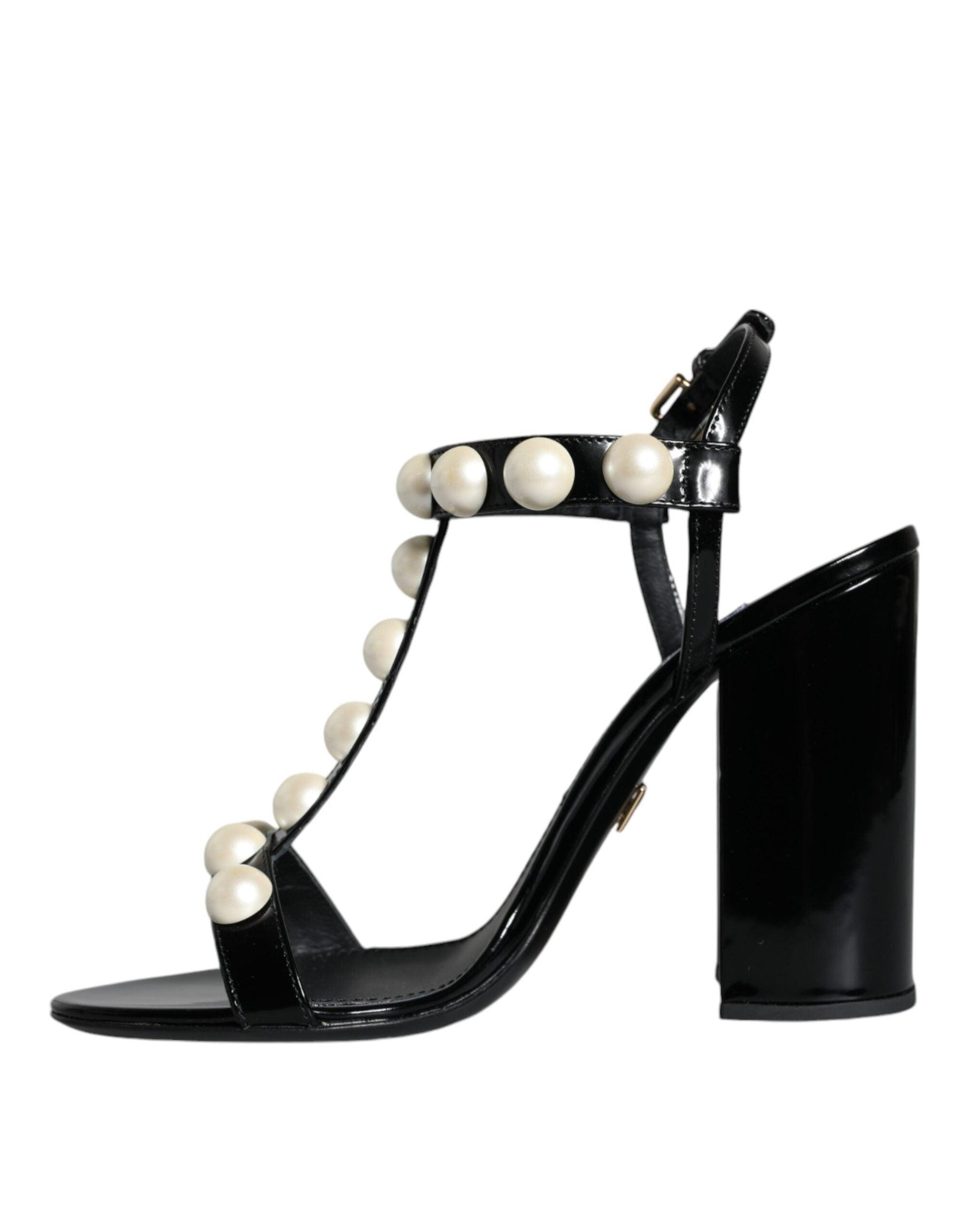 Dolce & Gabbana Black Leather Pearls T-strap Sandals Shoes - Arichezz.store