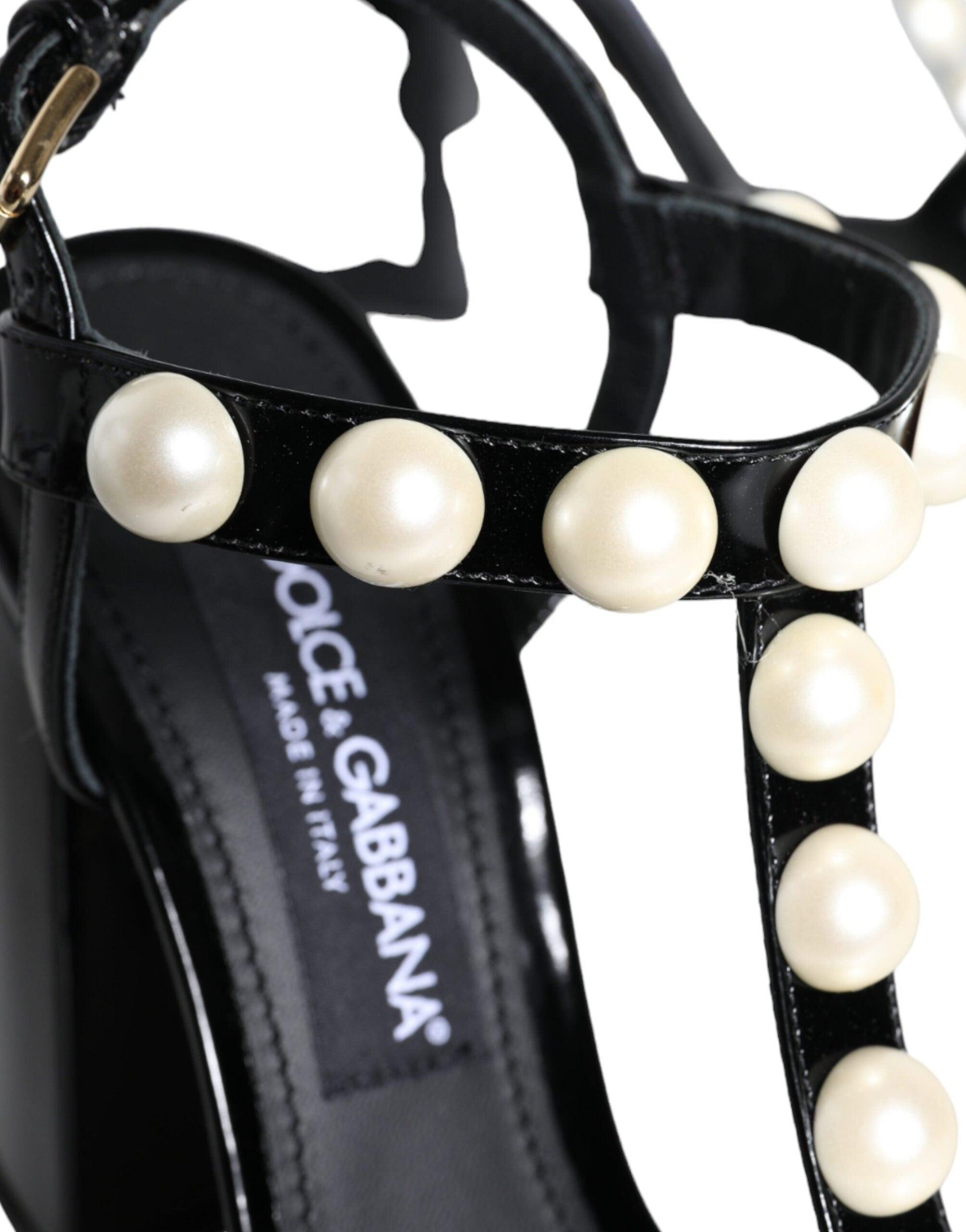 Dolce & Gabbana Black Leather Pearls T-strap Sandals Shoes - Arichezz.store