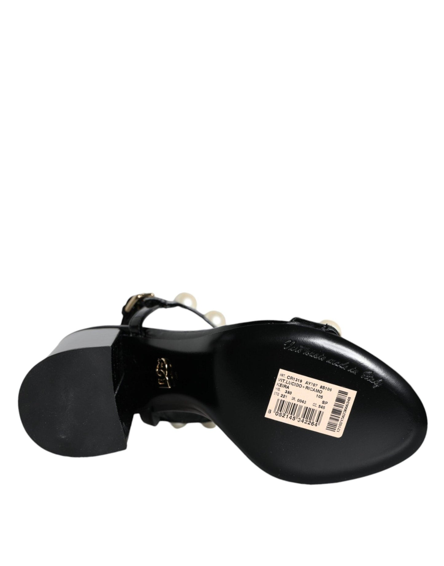 Dolce & Gabbana Black Leather Pearls T-strap Sandals Shoes - Arichezz.store