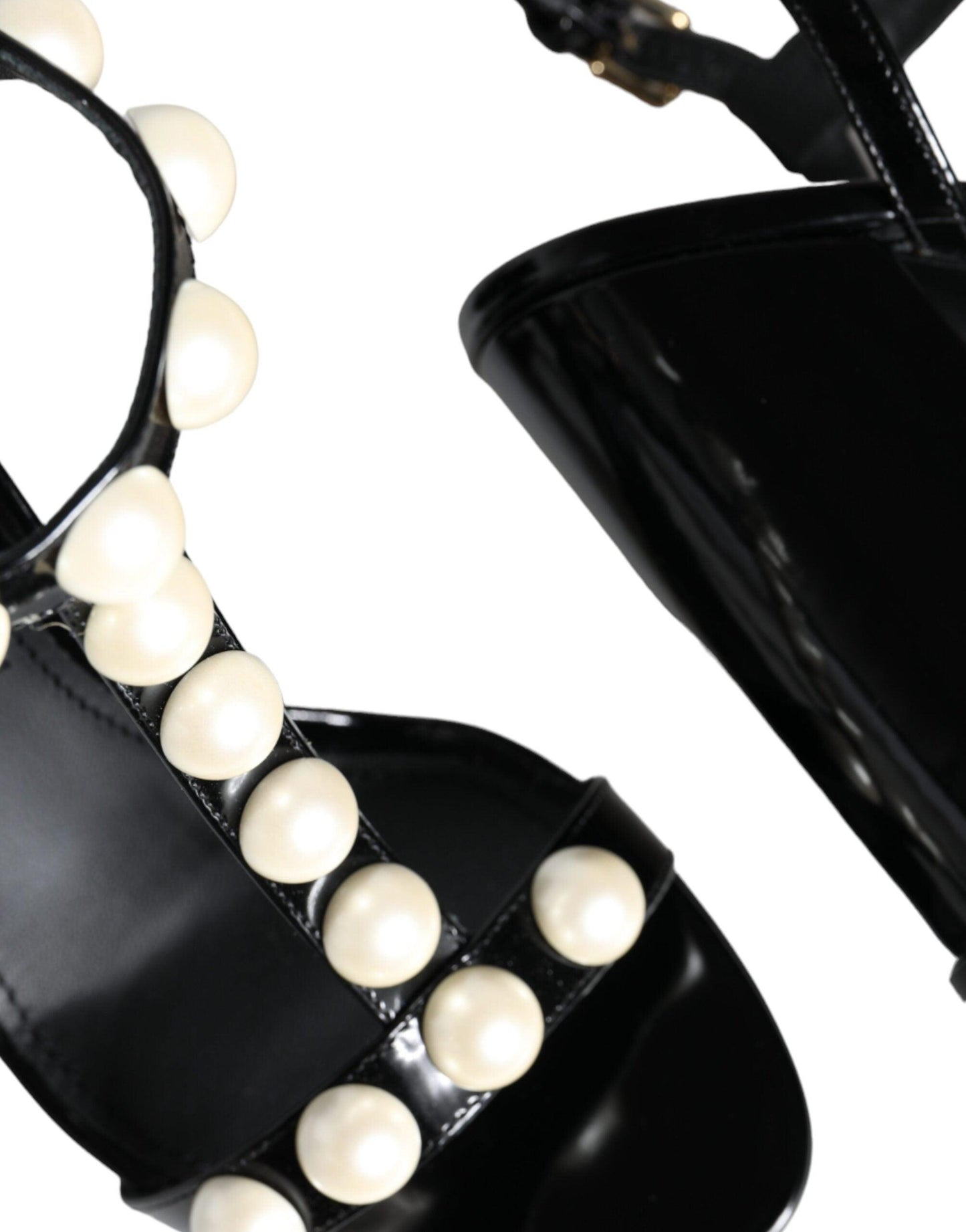 Dolce & Gabbana Black Leather Pearls T-strap Sandals Shoes - Arichezz.store