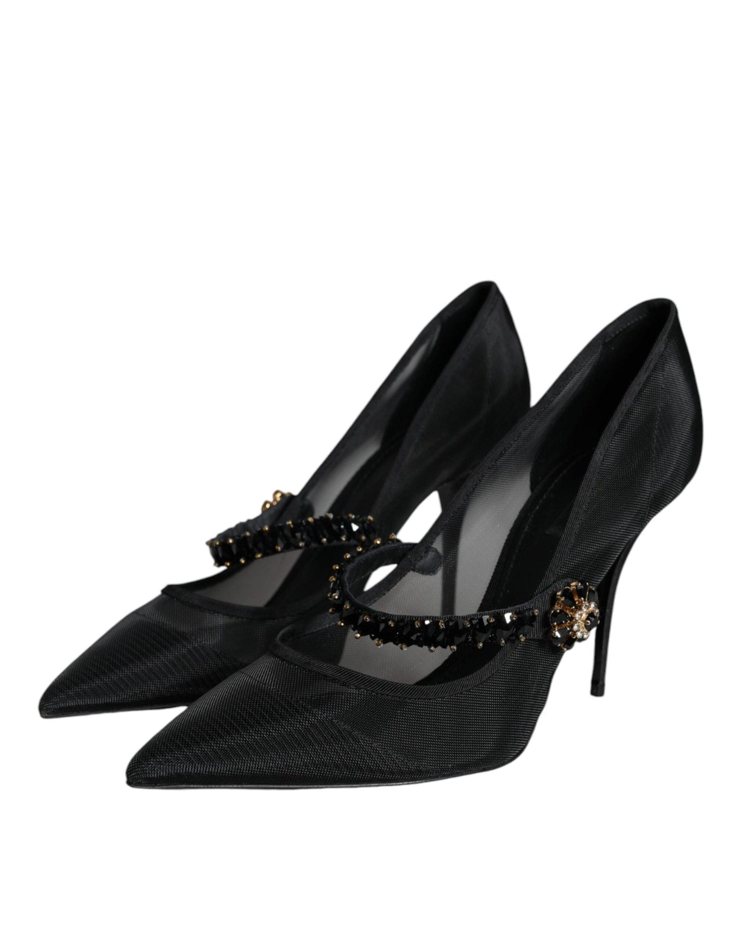 Dolce & Gabbana Black Mesh Mary Jane Crystal Heel Pumps Shoes - Arichezz.store