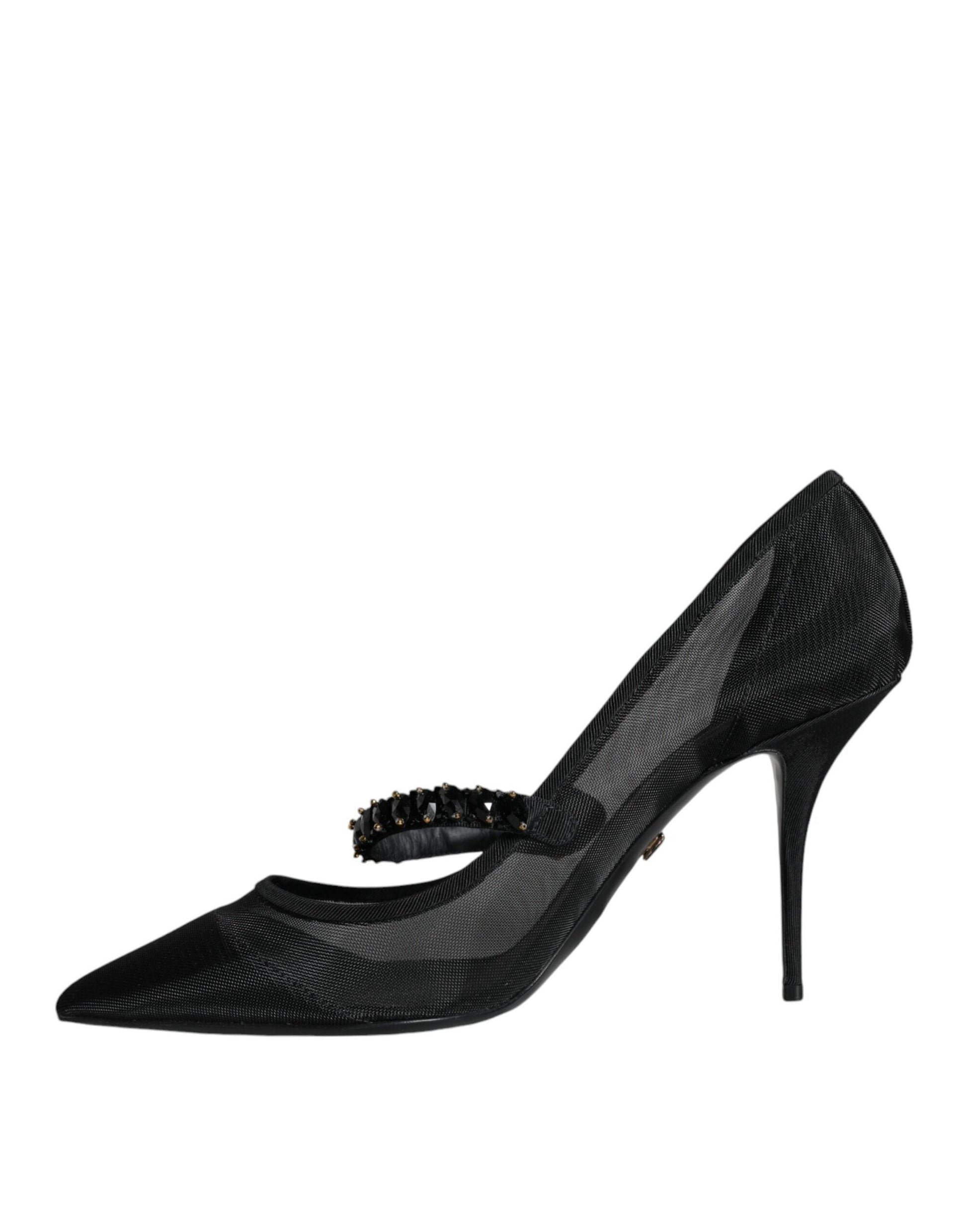 Dolce & Gabbana Black Mesh Mary Jane Crystal Heel Pumps Shoes - Arichezz.store