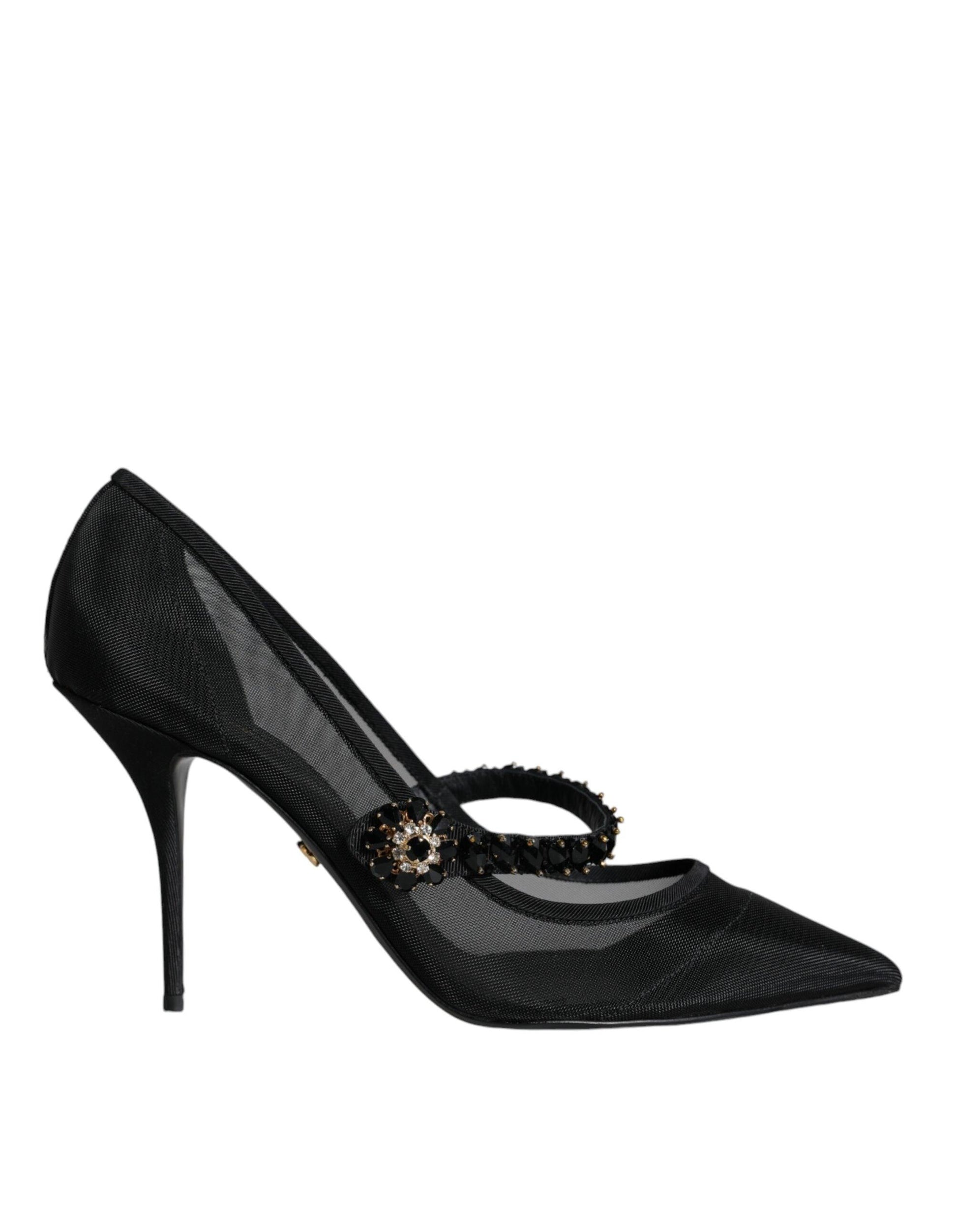 Dolce & Gabbana Black Mesh Mary Jane Crystal Heel Pumps Shoes - Arichezz.store