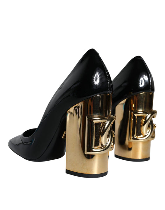 Dolce & Gabbana Black Gold Patent Leather Logo Heels Pumps Shoes - Arichezz.store