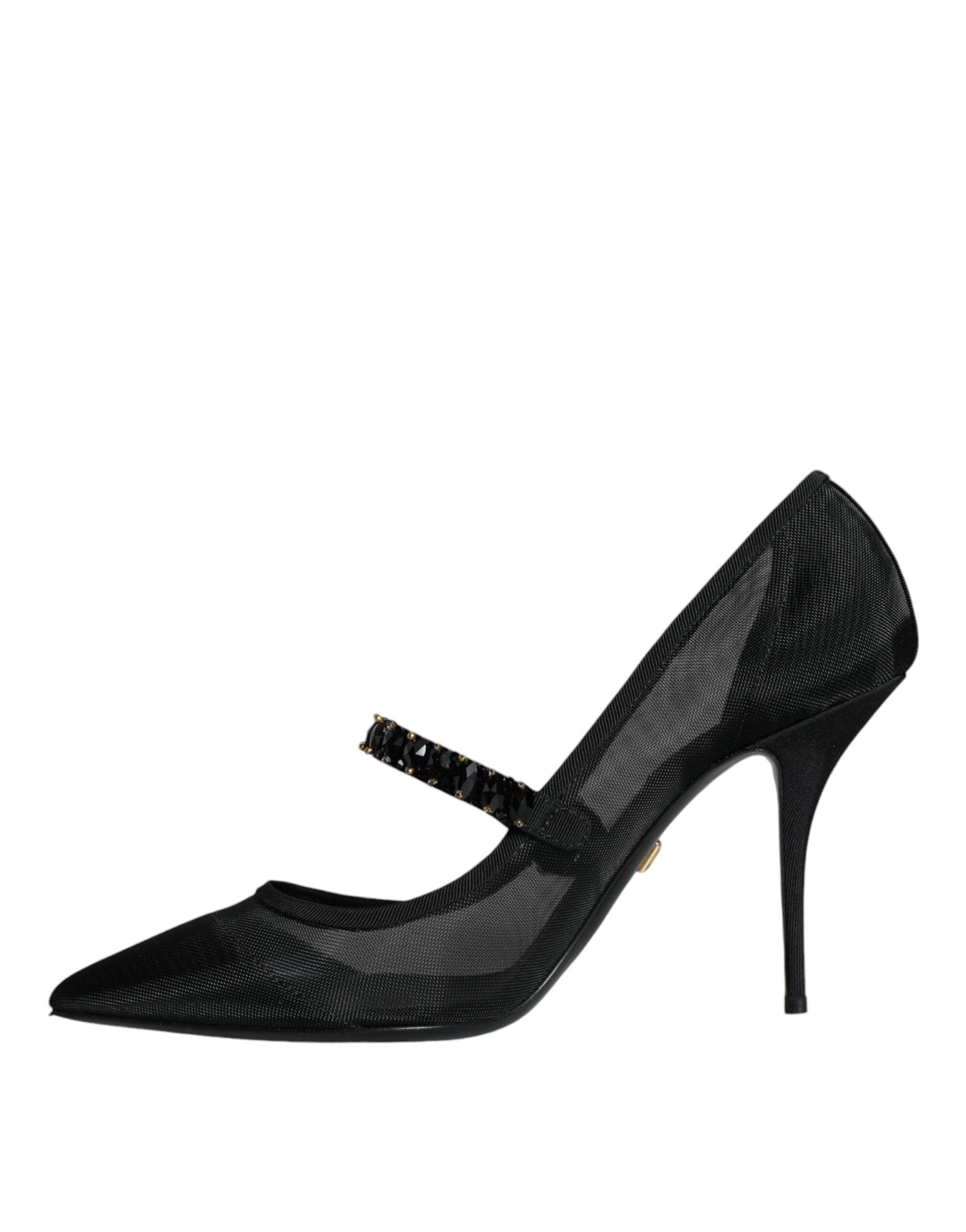 Dolce & Gabbana Black Mesh Mary Jane Crystal Heel Pumps Shoes - Arichezz.store