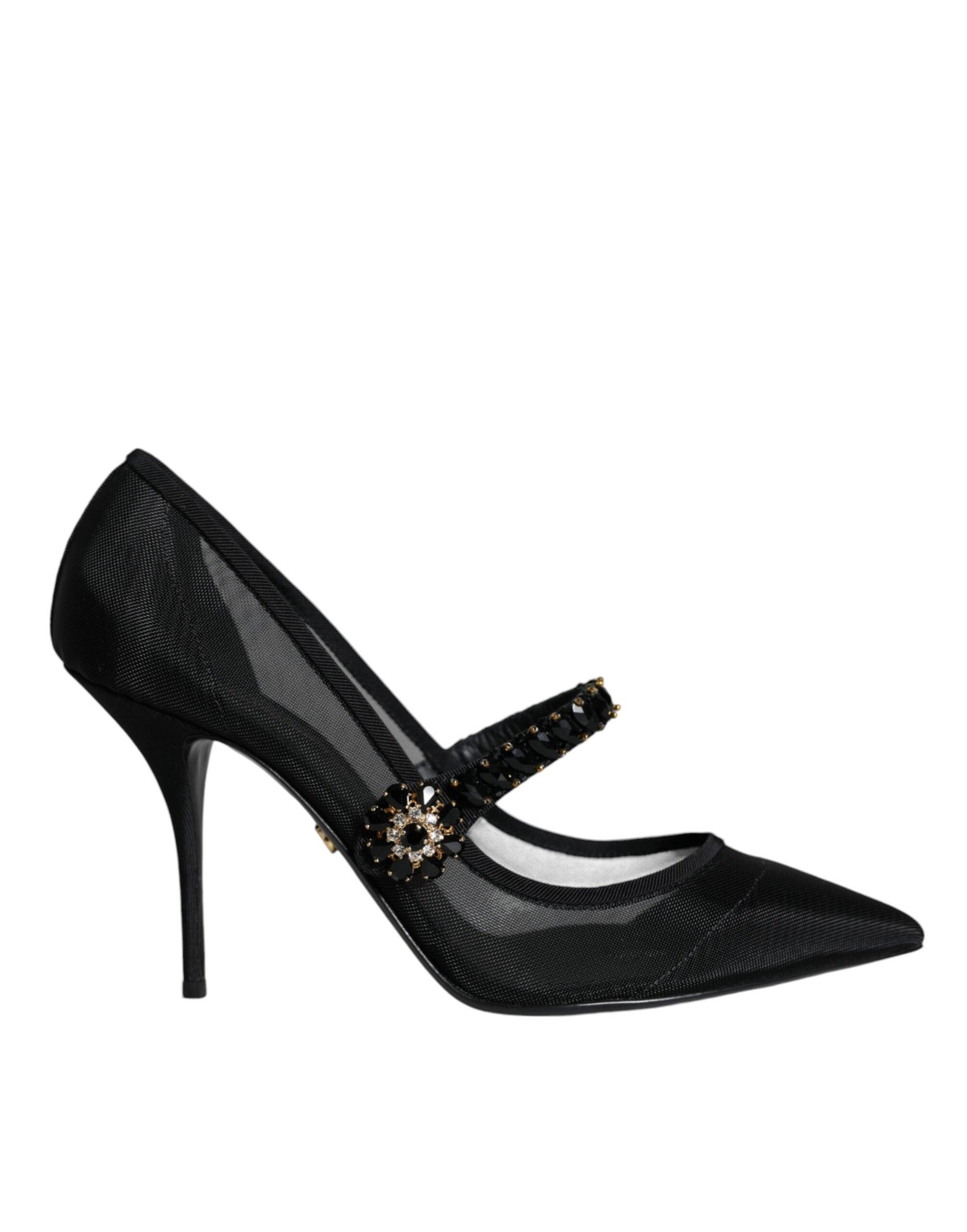 Dolce & Gabbana Black Mesh Mary Jane Crystal Heel Pumps Shoes - Arichezz.store