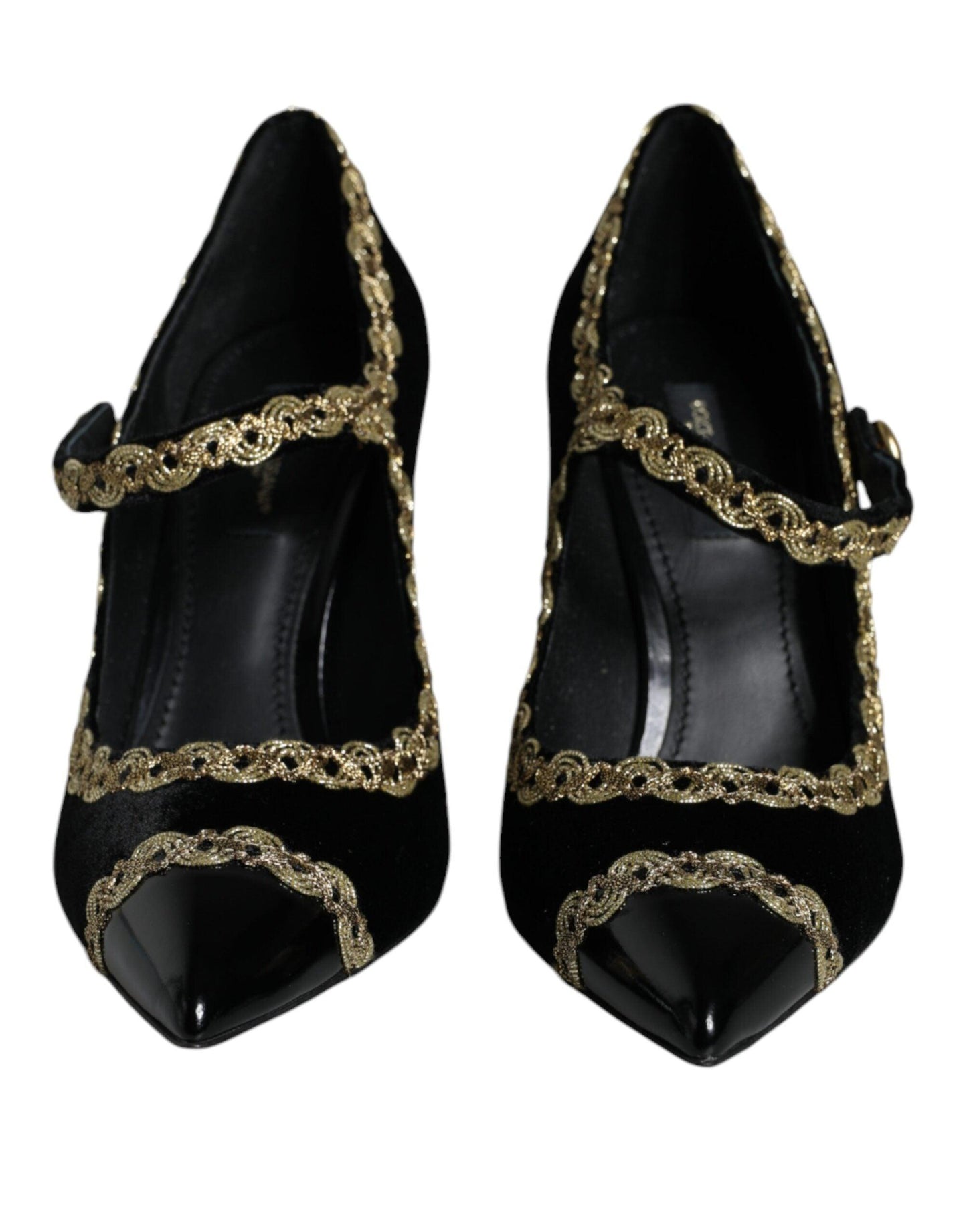 Dolce & Gabbana Black Mary Janes Velvet Gold Pumps Shoes - Arichezz.store