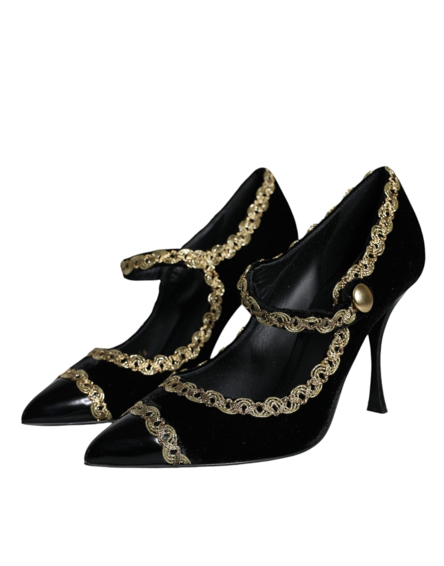 Dolce & Gabbana Black Mary Janes Velvet Gold Pumps Shoes - Arichezz.store