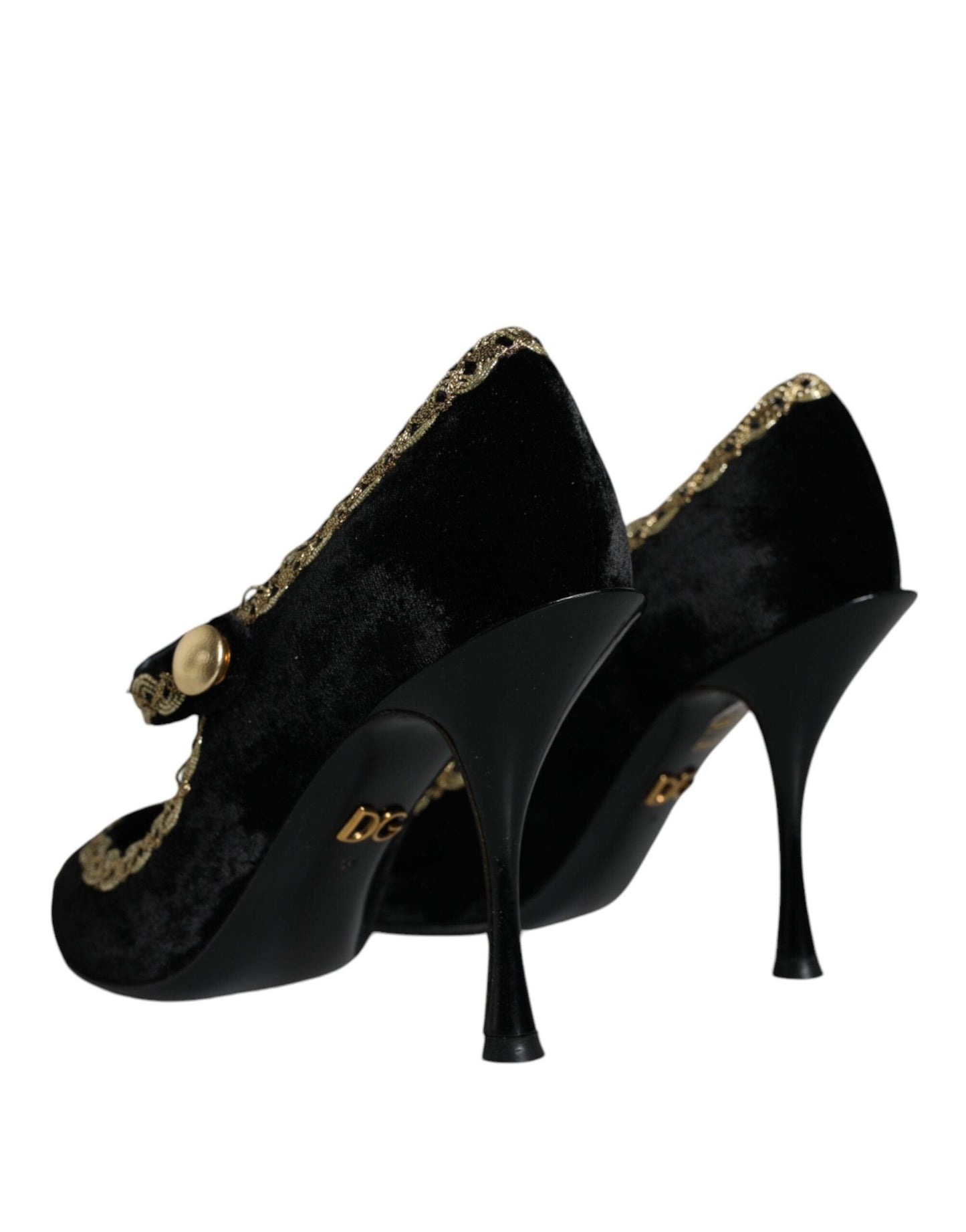 Dolce & Gabbana Black Mary Janes Velvet Gold Pumps Shoes - Arichezz.store