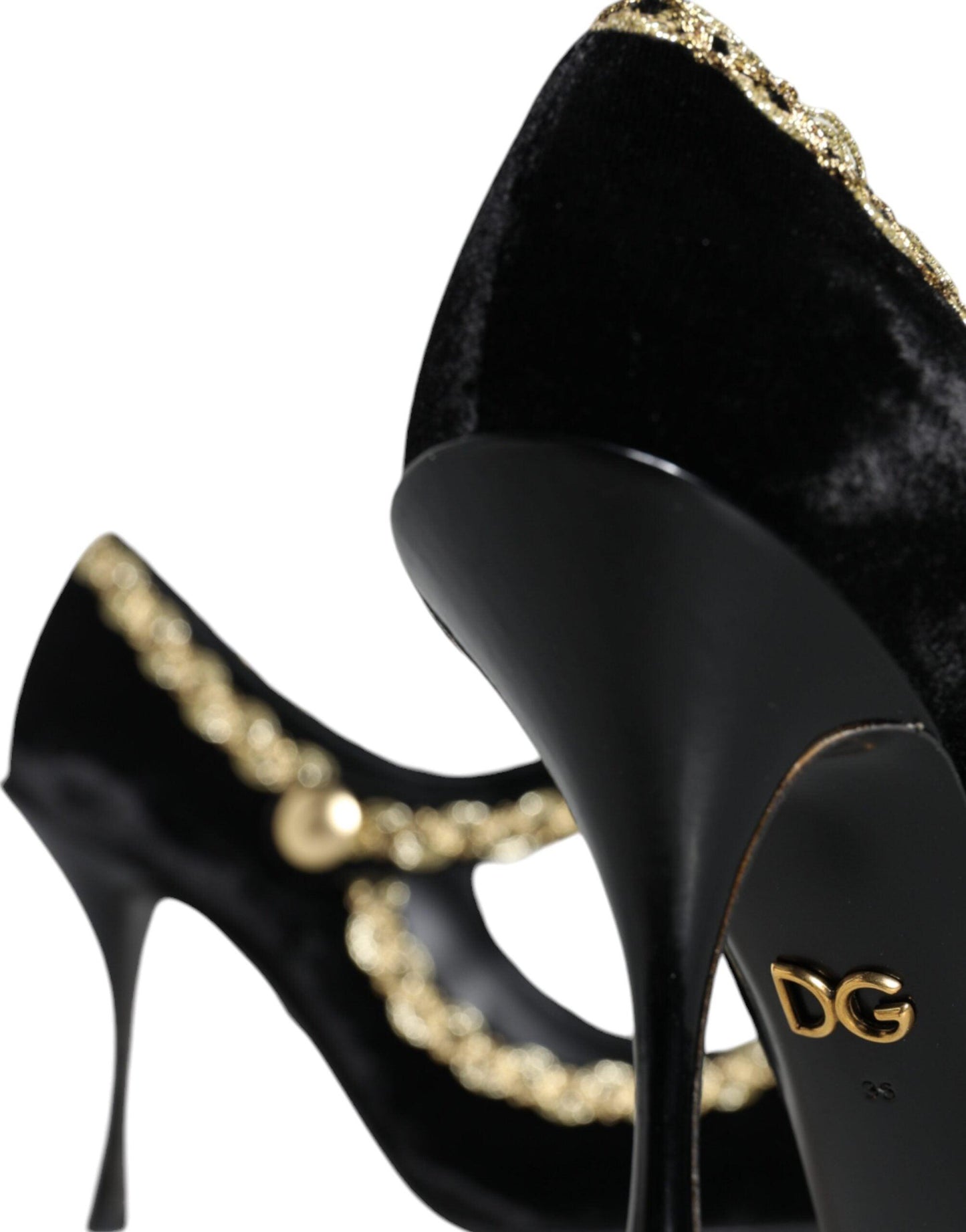 Dolce & Gabbana Black Mary Janes Velvet Gold Pumps Shoes - Arichezz.store