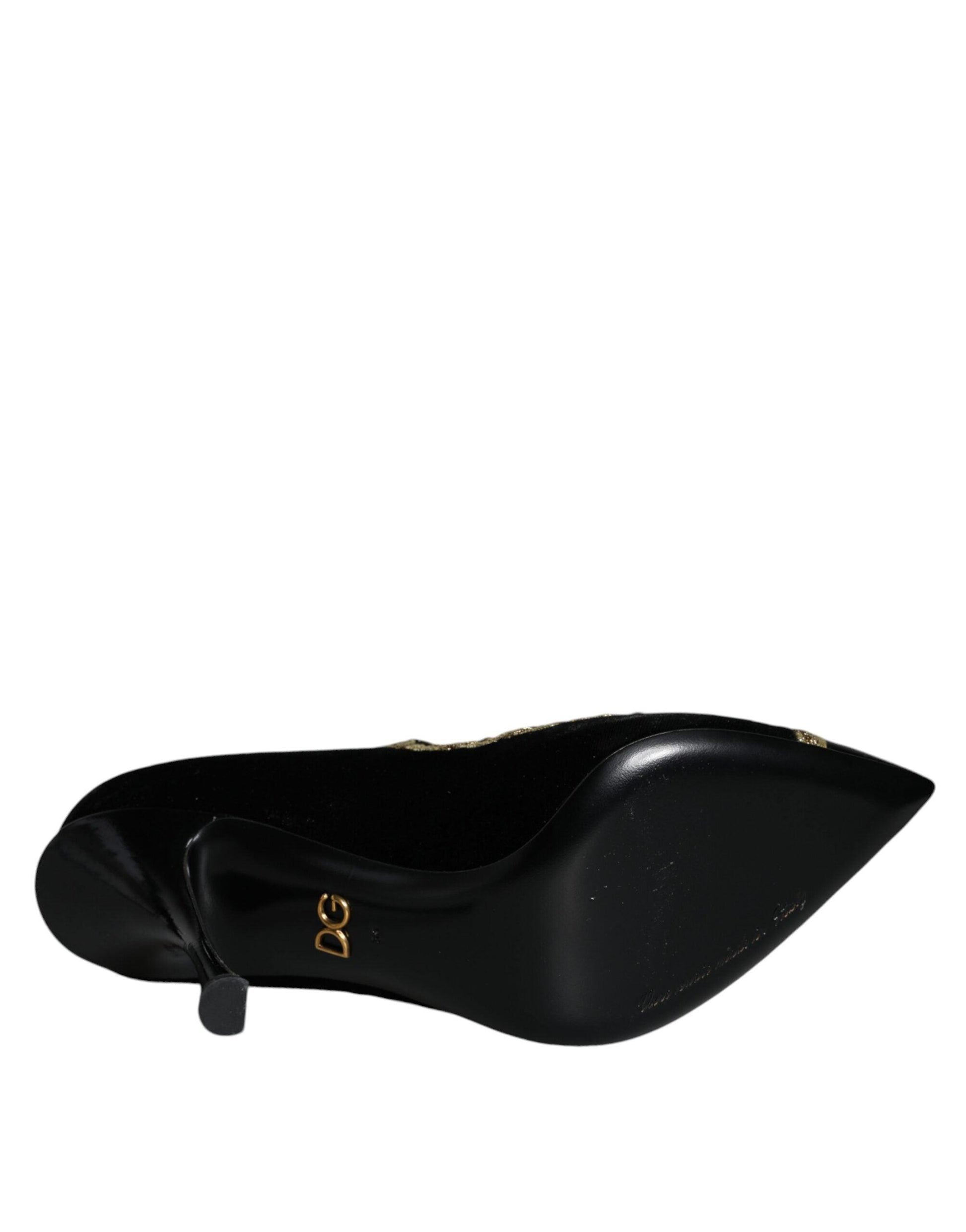 Dolce & Gabbana Black Mary Janes Velvet Gold Pumps Shoes - Arichezz.store