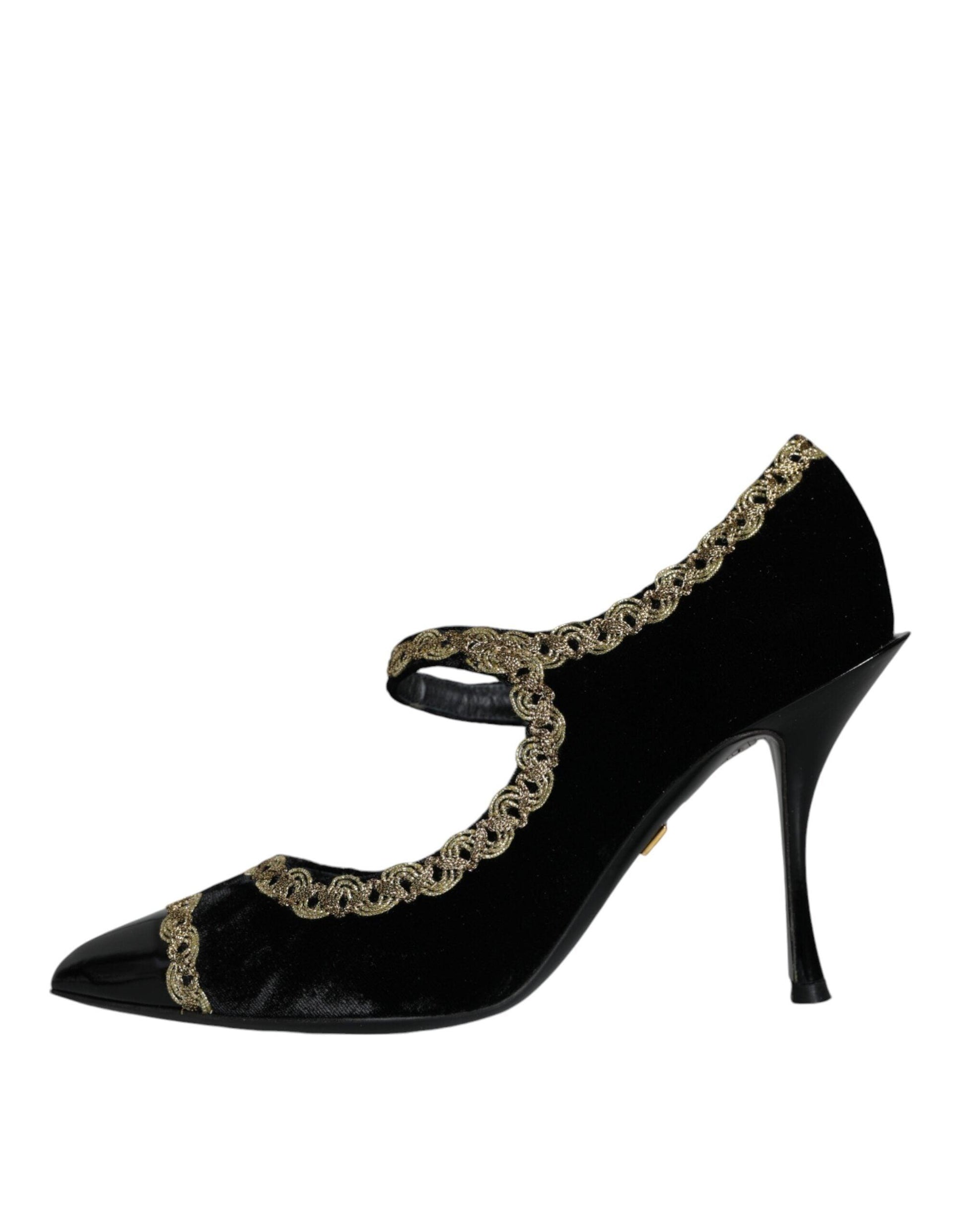 Dolce & Gabbana Black Mary Janes Velvet Gold Pumps Shoes - Arichezz.store