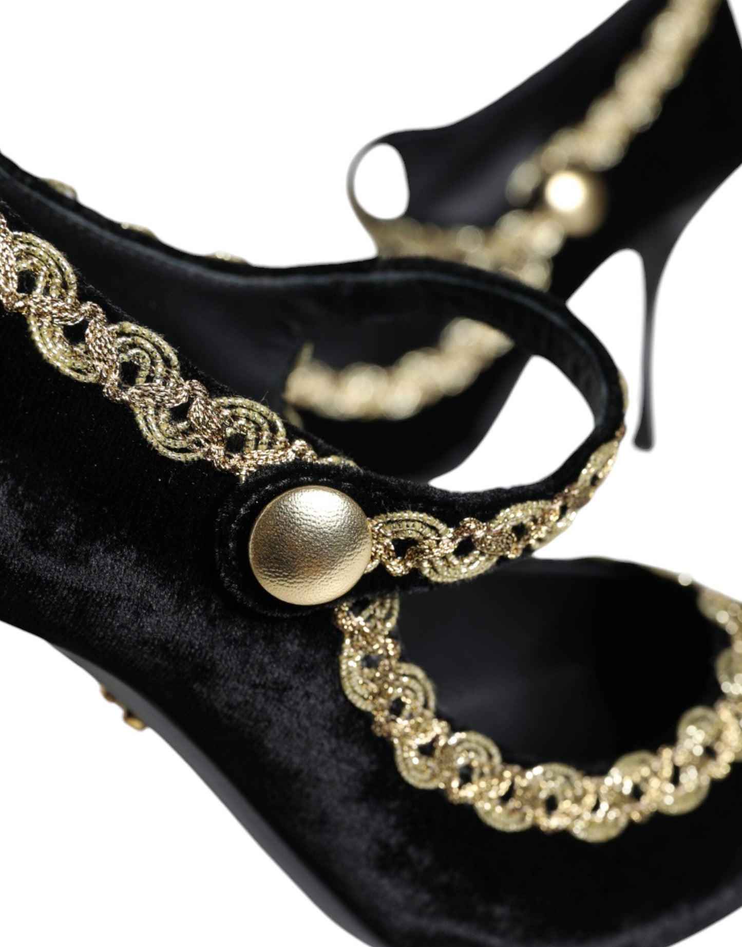 Dolce & Gabbana Black Mary Janes Velvet Gold Pumps Shoes - Arichezz.store