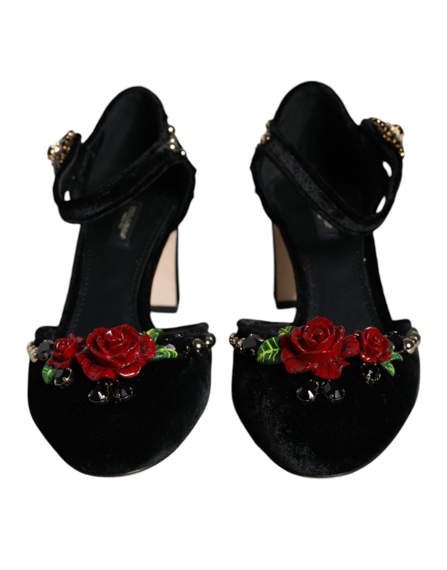 Dolce & Gabbana Black Velvet Roses Ankle Strap Pumps Shoes - Arichezz.store