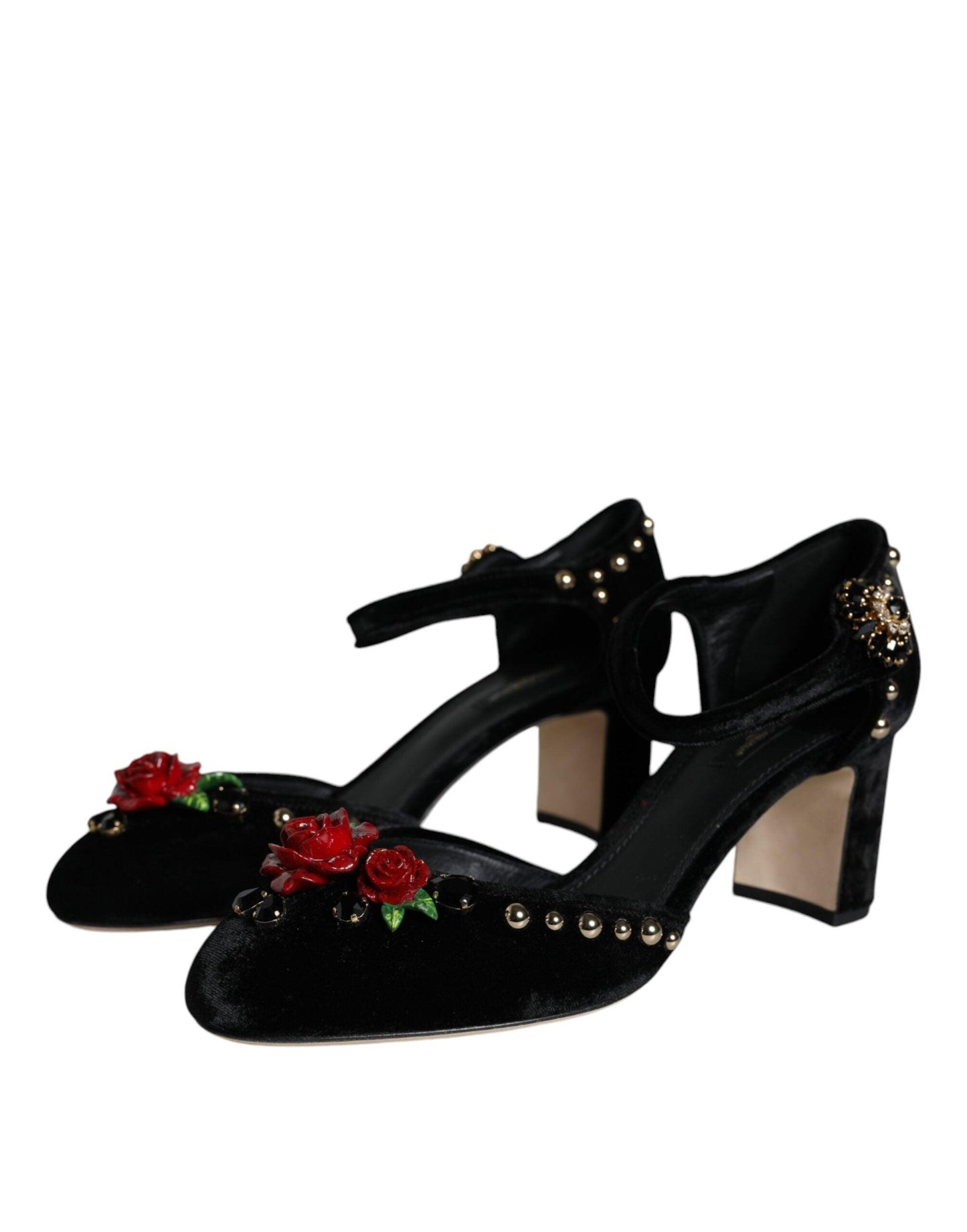 Dolce & Gabbana Black Velvet Roses Ankle Strap Pumps Shoes - Arichezz.store