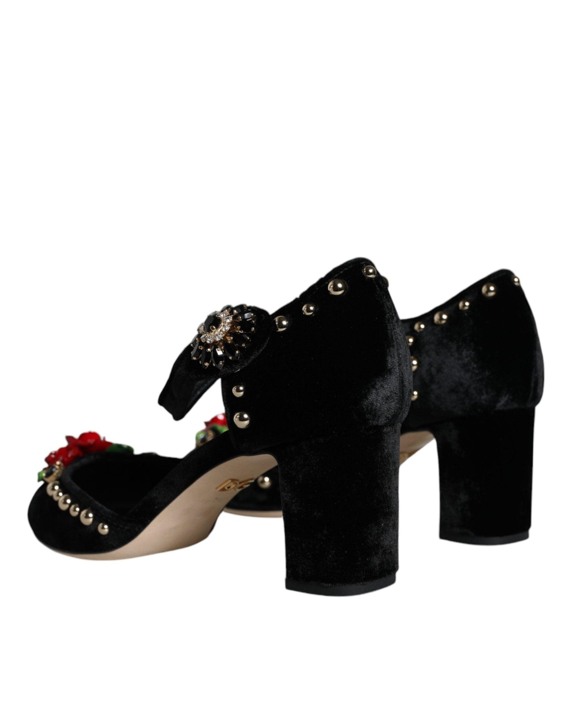 Dolce & Gabbana Black Velvet Roses Ankle Strap Pumps Shoes - Arichezz.store