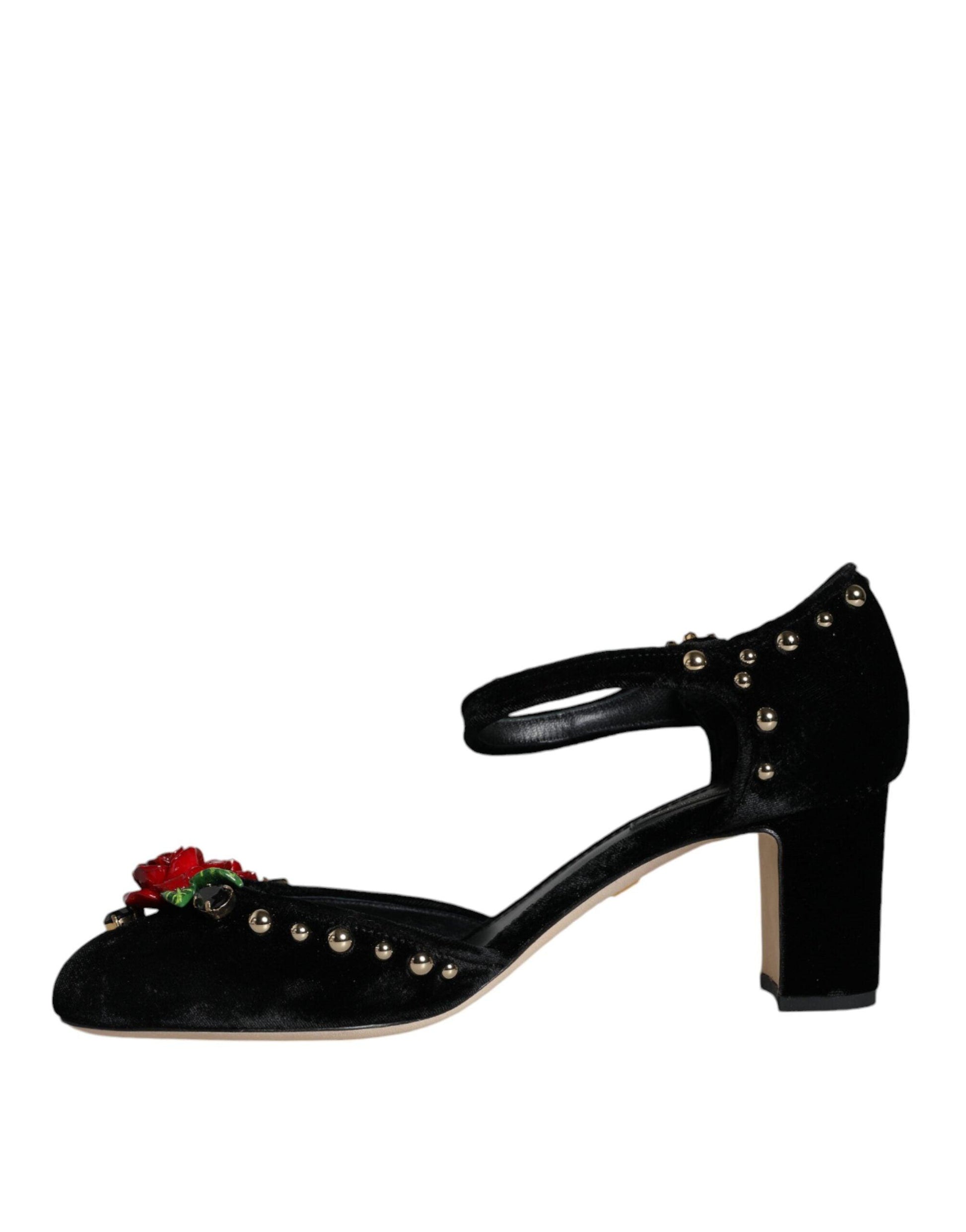 Dolce & Gabbana Black Velvet Roses Ankle Strap Pumps Shoes - Arichezz.store