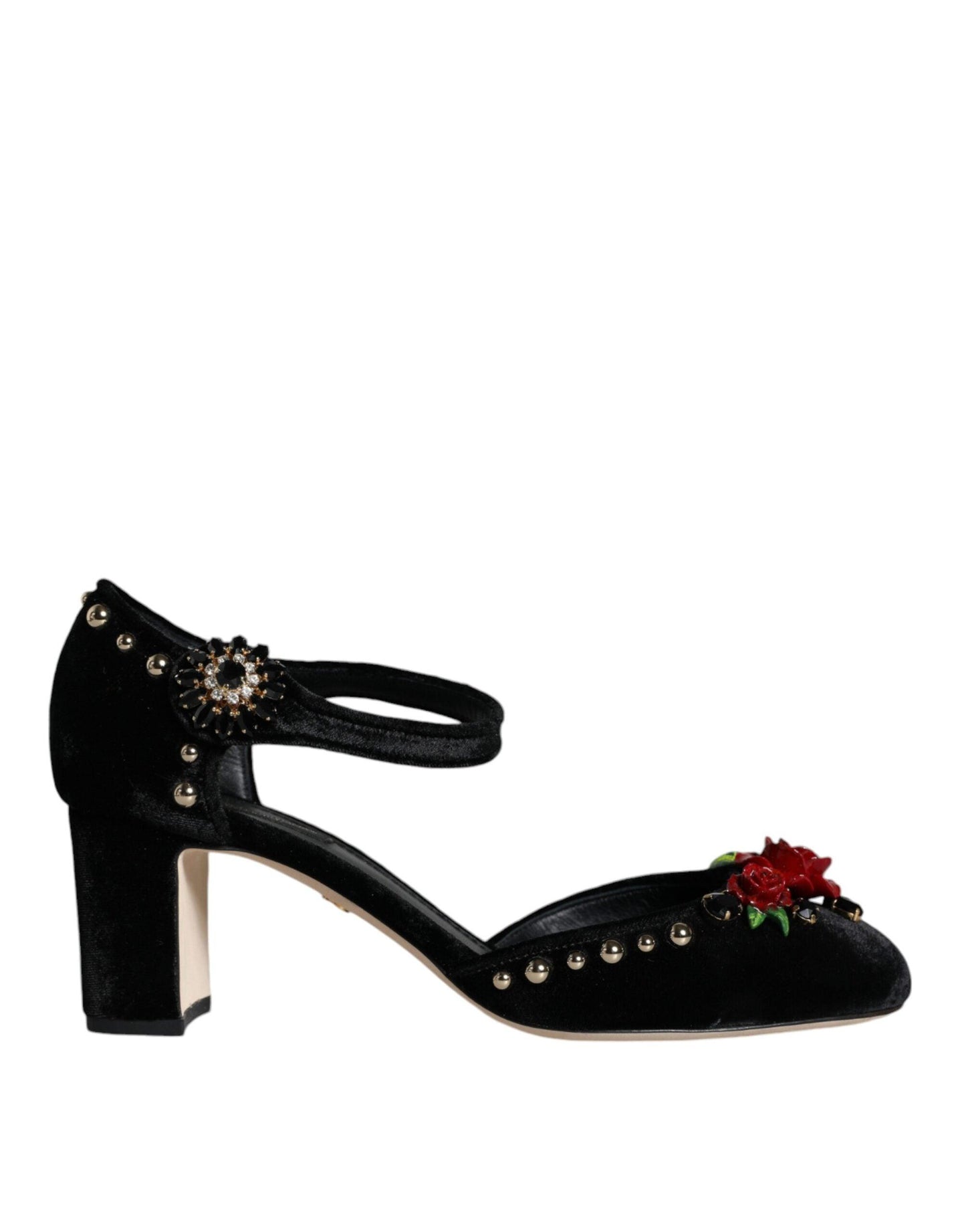 Dolce & Gabbana Black Velvet Roses Ankle Strap Pumps Shoes - Arichezz.store