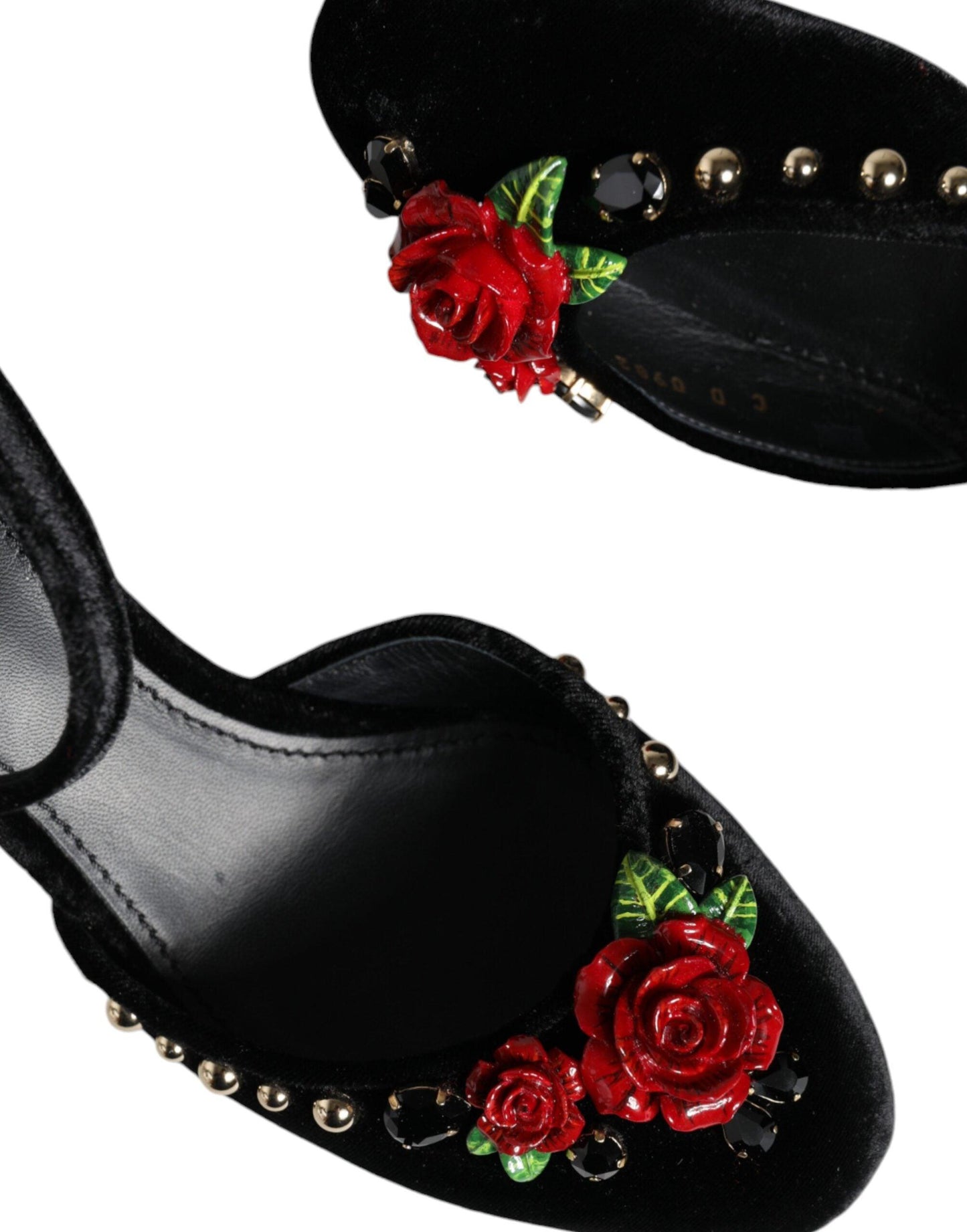 Dolce & Gabbana Black Velvet Roses Ankle Strap Pumps Shoes - Arichezz.store