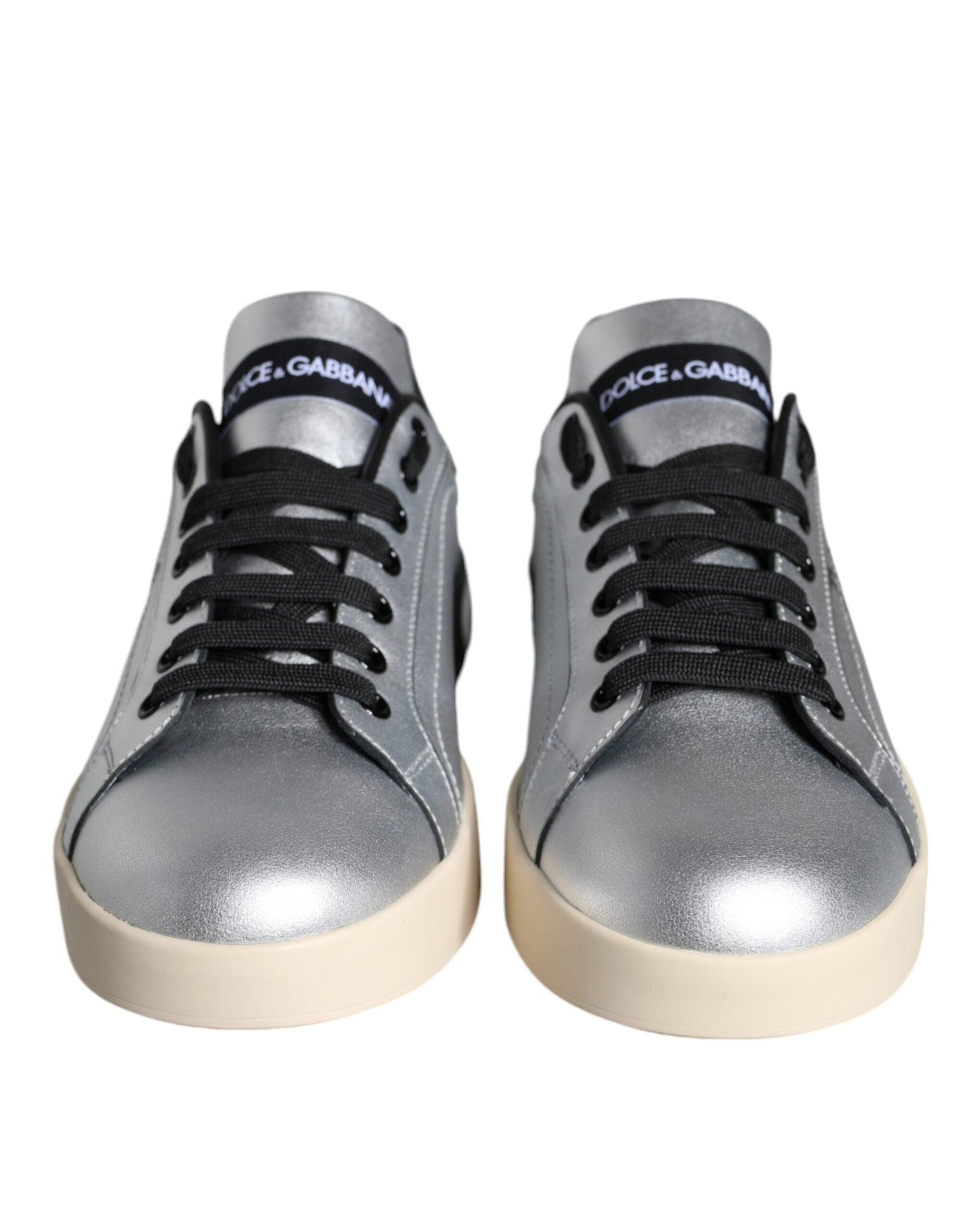 Dolce & Gabbana Silver Portofino Calf Leather Sneakers Shoes - Arichezz.store