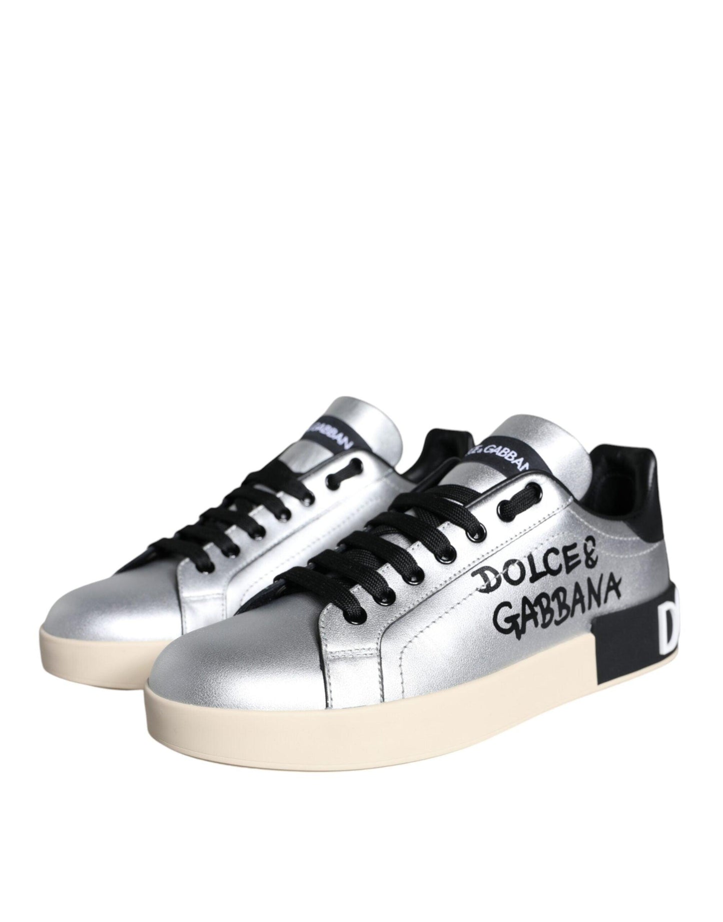 Dolce & Gabbana Silver Portofino Calf Leather Sneakers Shoes - Arichezz.store