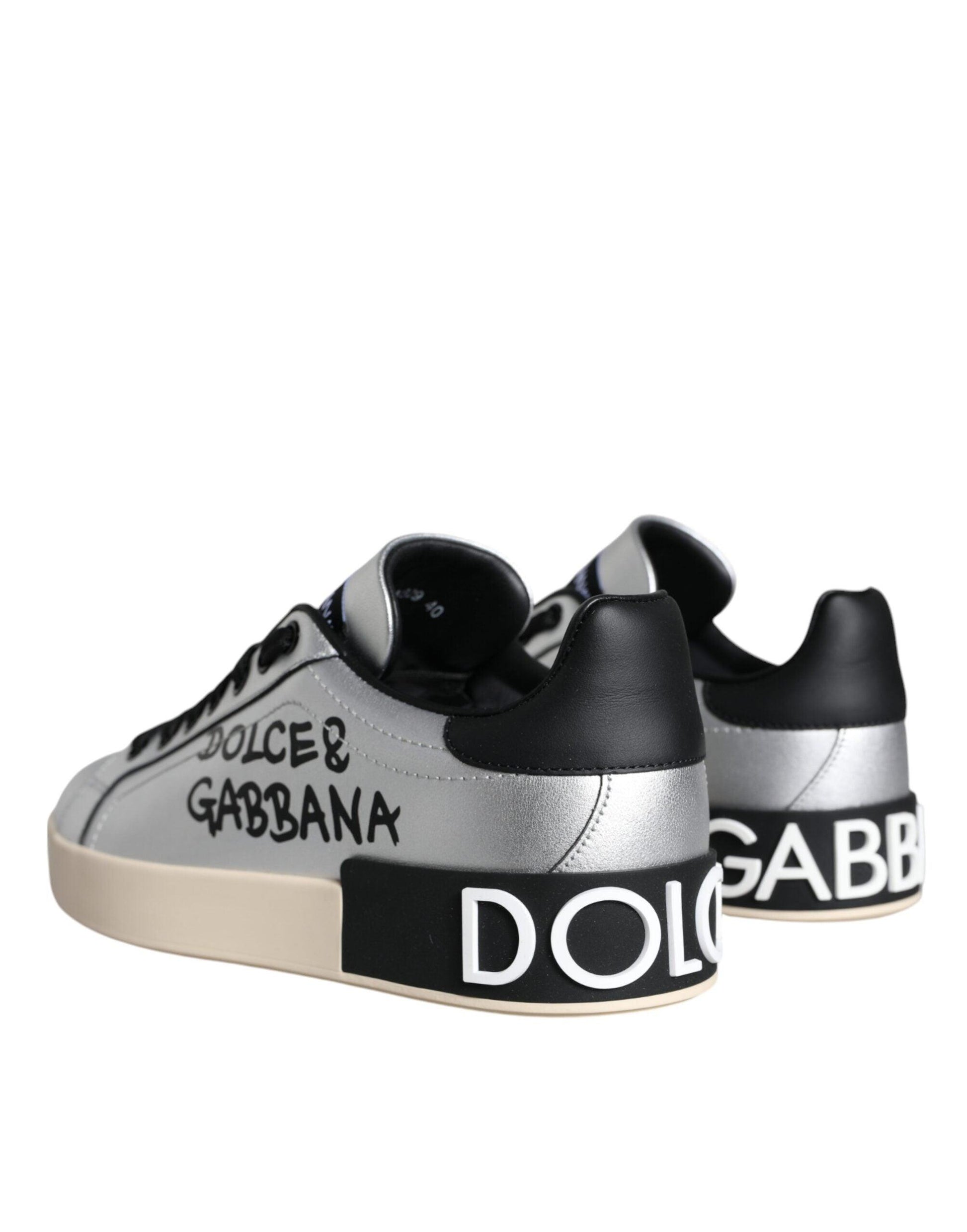 Dolce & Gabbana Silver Portofino Calf Leather Sneakers Shoes - Arichezz.store