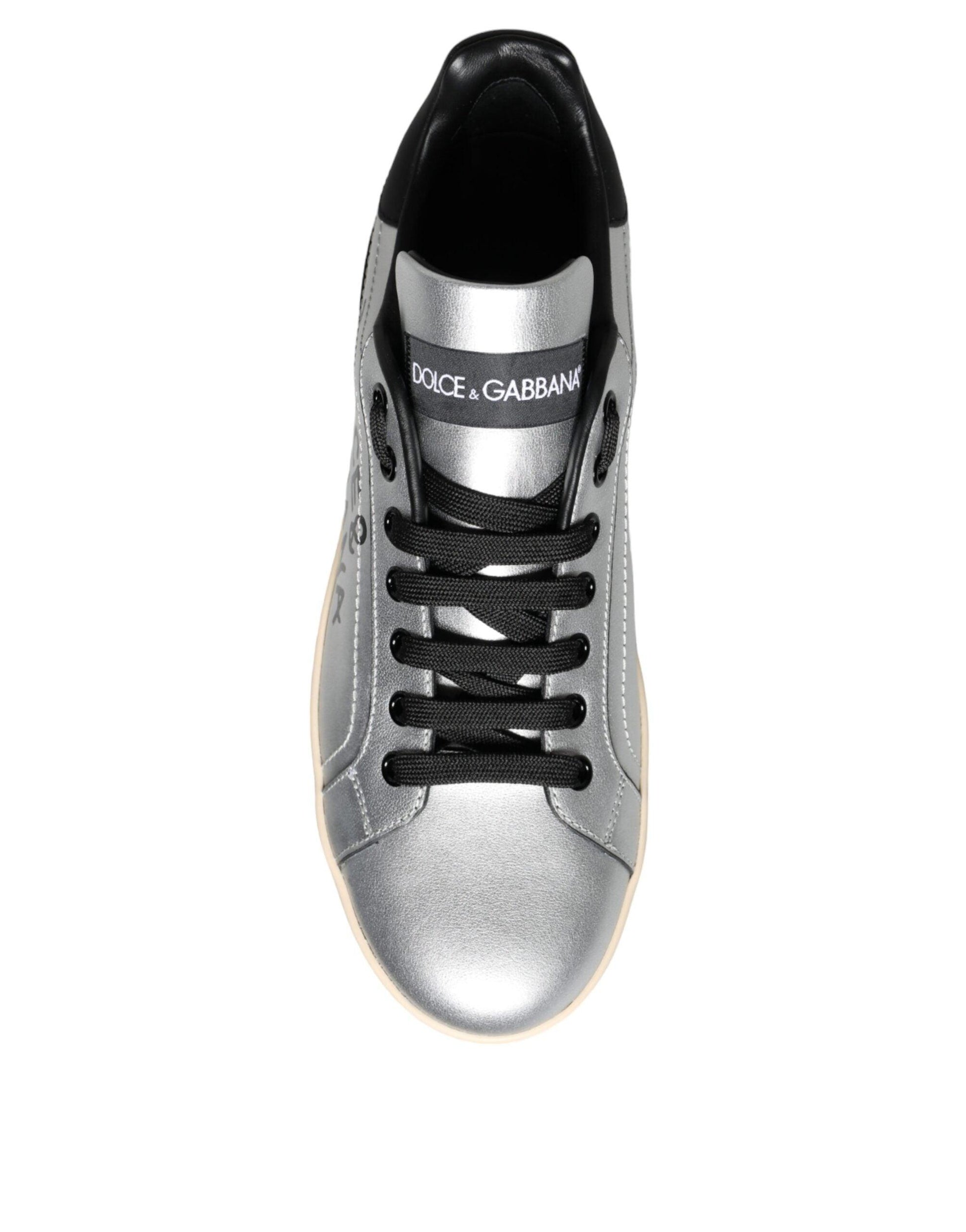 Dolce & Gabbana Silver Portofino Calf Leather Sneakers Shoes - Arichezz.store