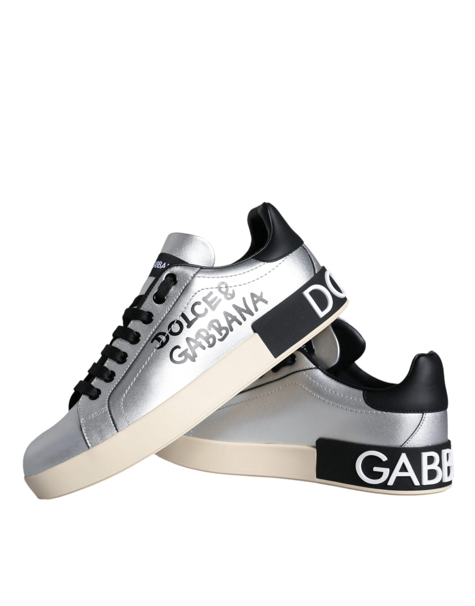 Dolce & Gabbana Silver Portofino Calf Leather Sneakers Shoes - Arichezz.store