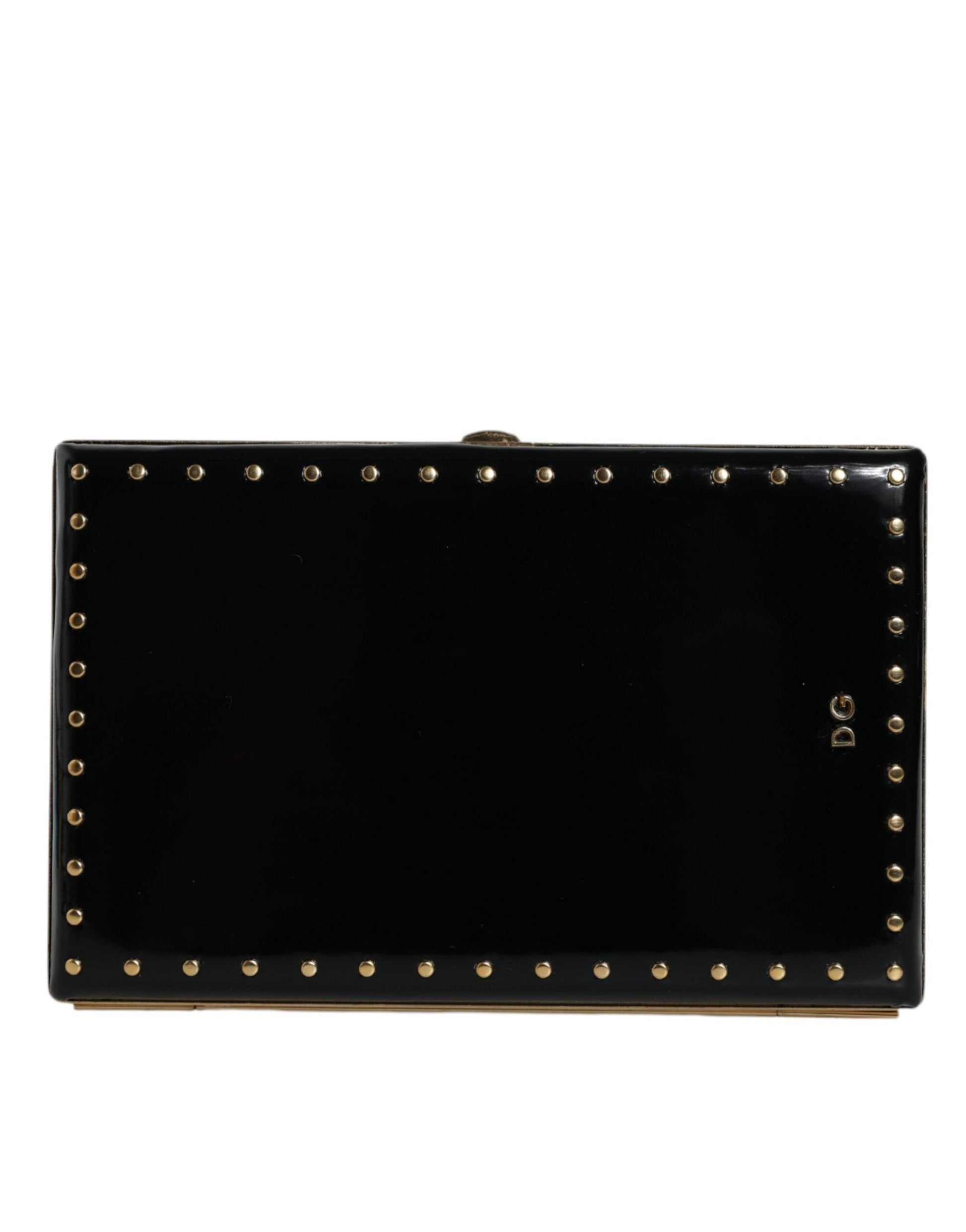 Dolce & Gabbana Black Leather Studs Gold Frame Clutch Evening Purse Bag - Arichezz.store