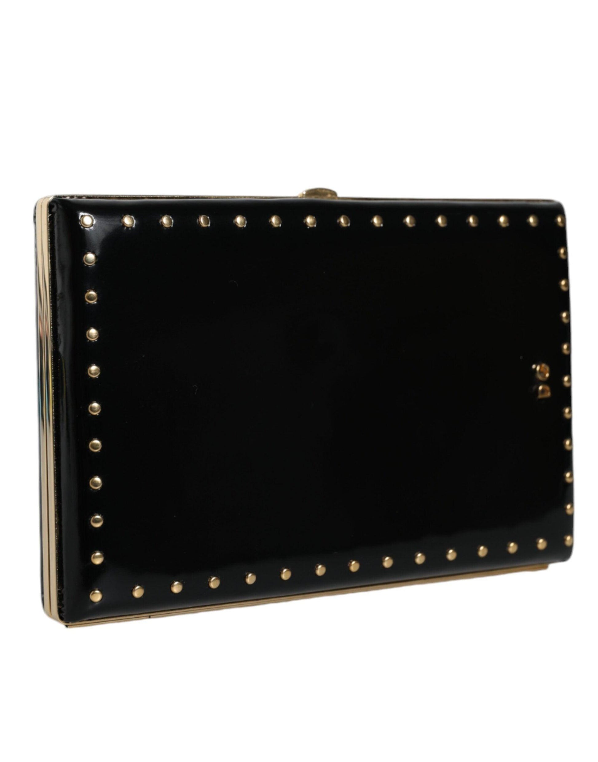 Dolce & Gabbana Black Leather Studs Gold Frame Clutch Evening Purse Bag - Arichezz.store