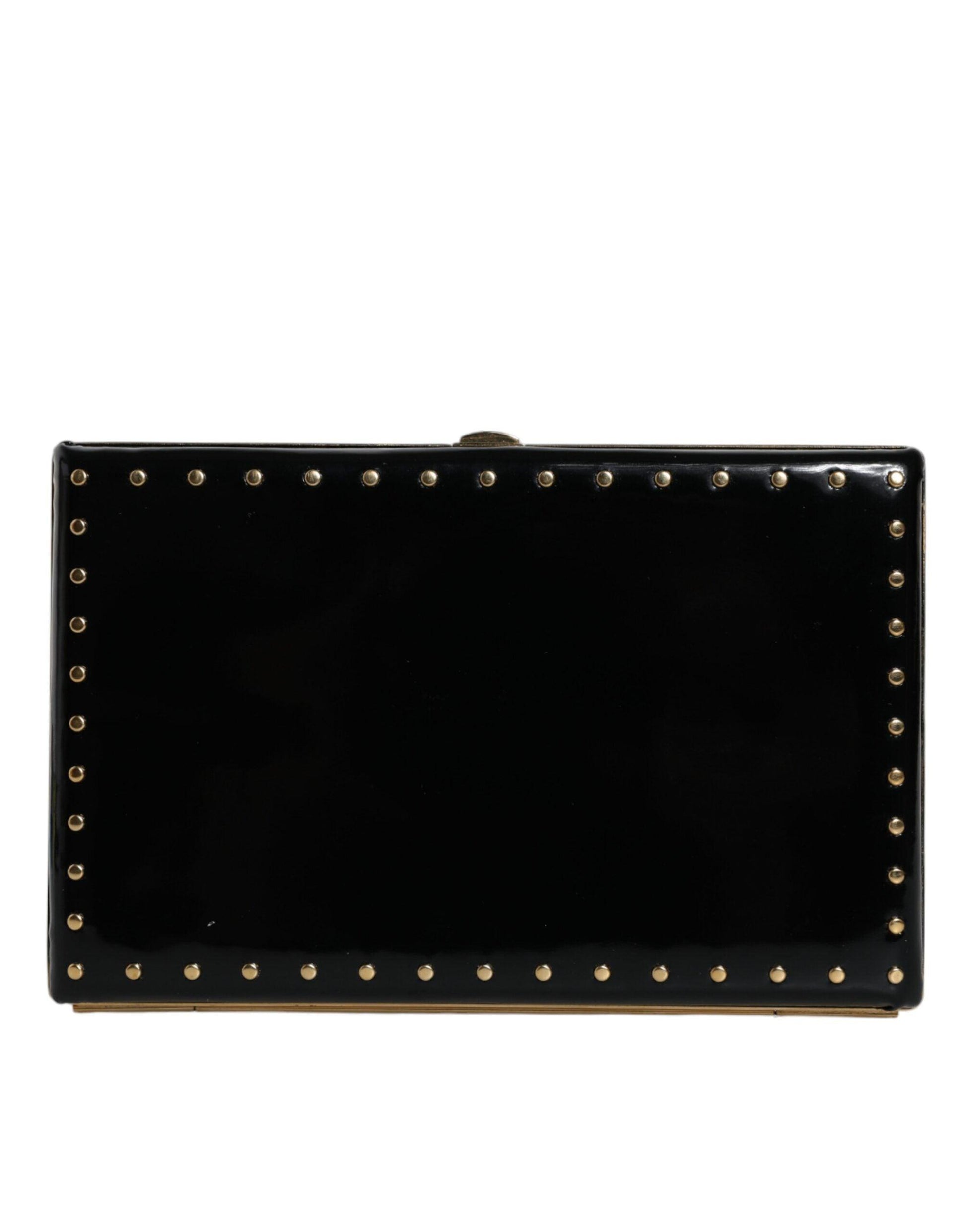 Dolce & Gabbana Black Leather Studs Gold Frame Clutch Evening Purse Bag - Arichezz.store