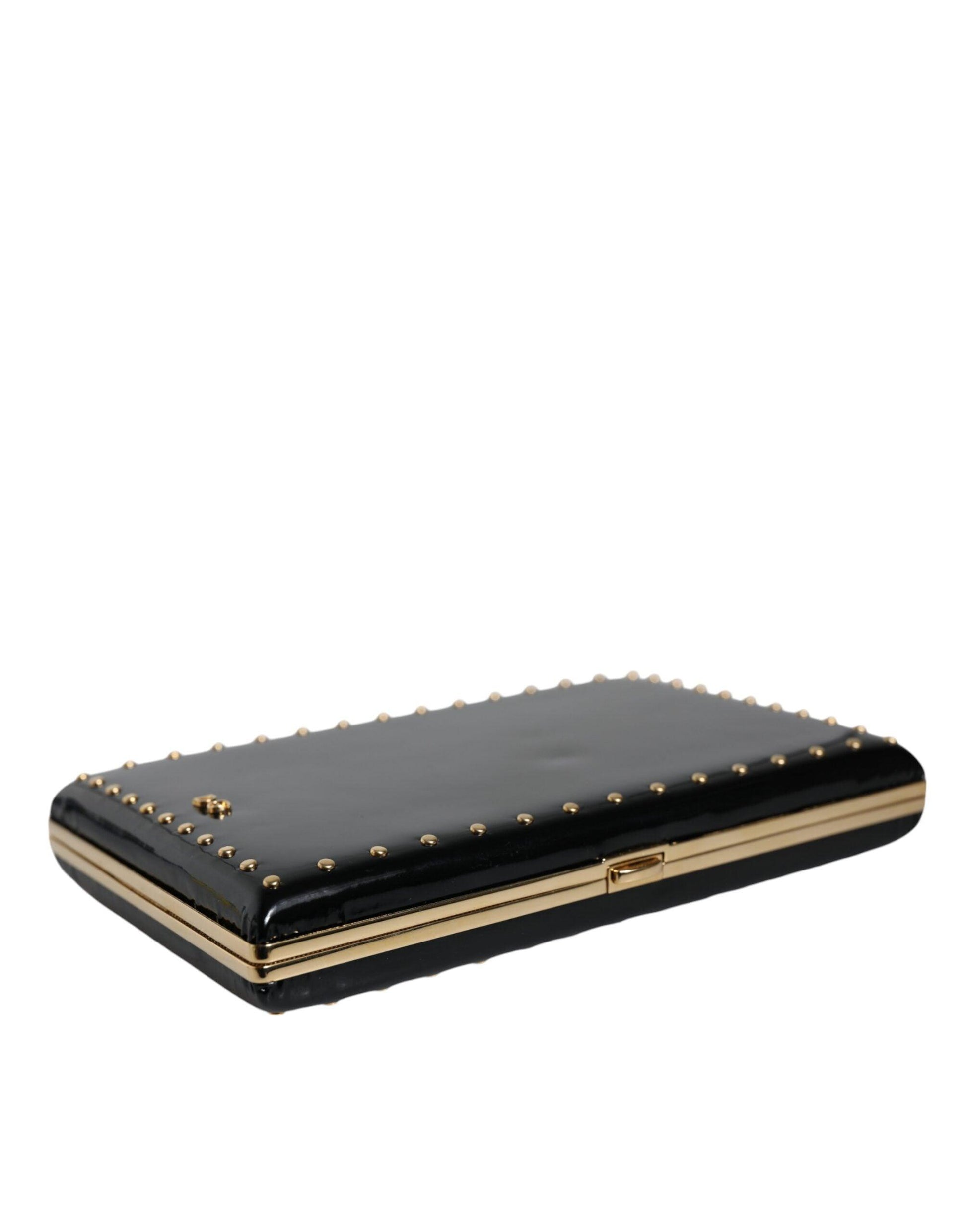 Dolce & Gabbana Black Leather Studs Gold Frame Clutch Evening Purse Bag - Arichezz.store