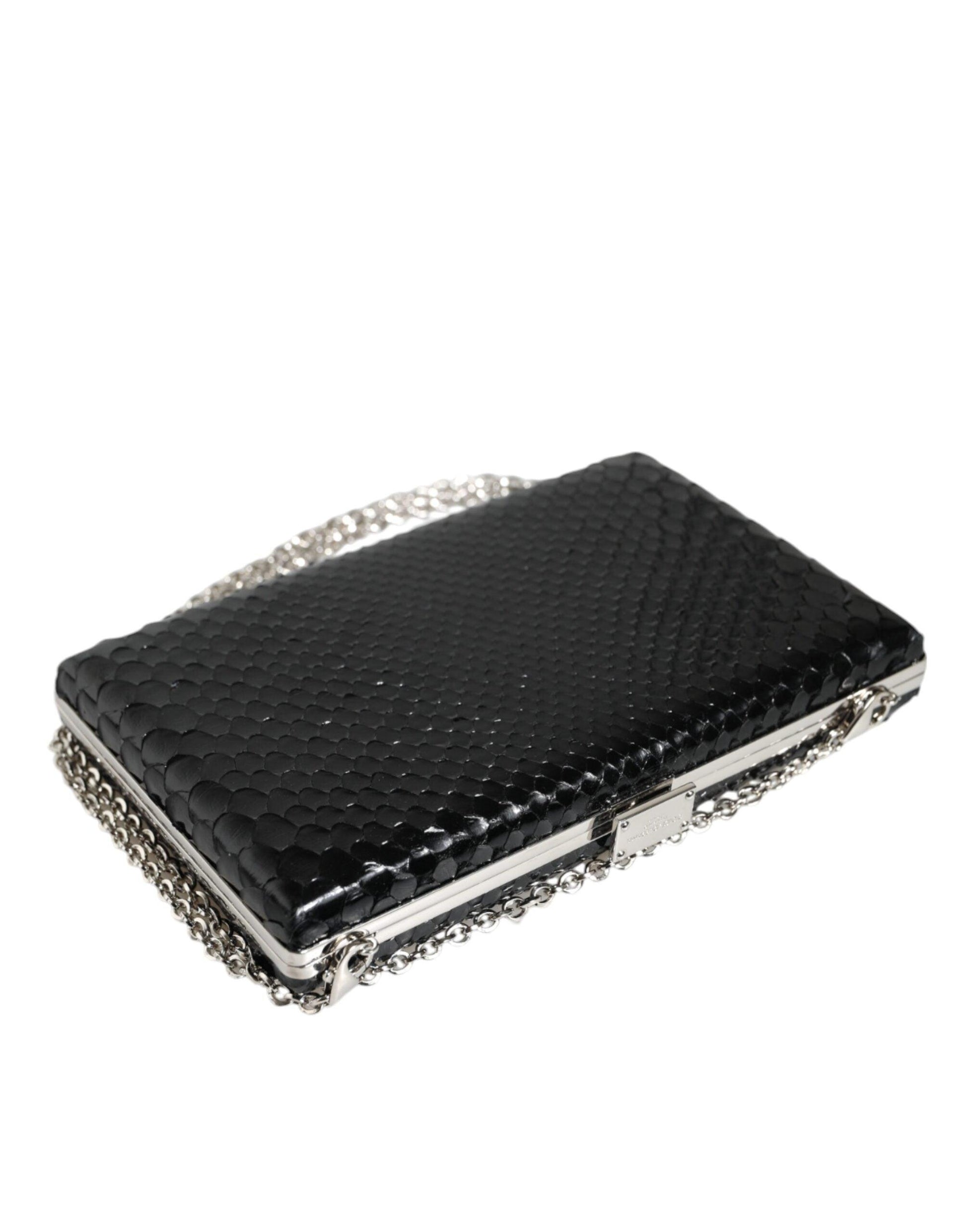 Dolce & Gabbana Black Leather Silver Frame Clutch Mini Crossbody Bag - Arichezz.store