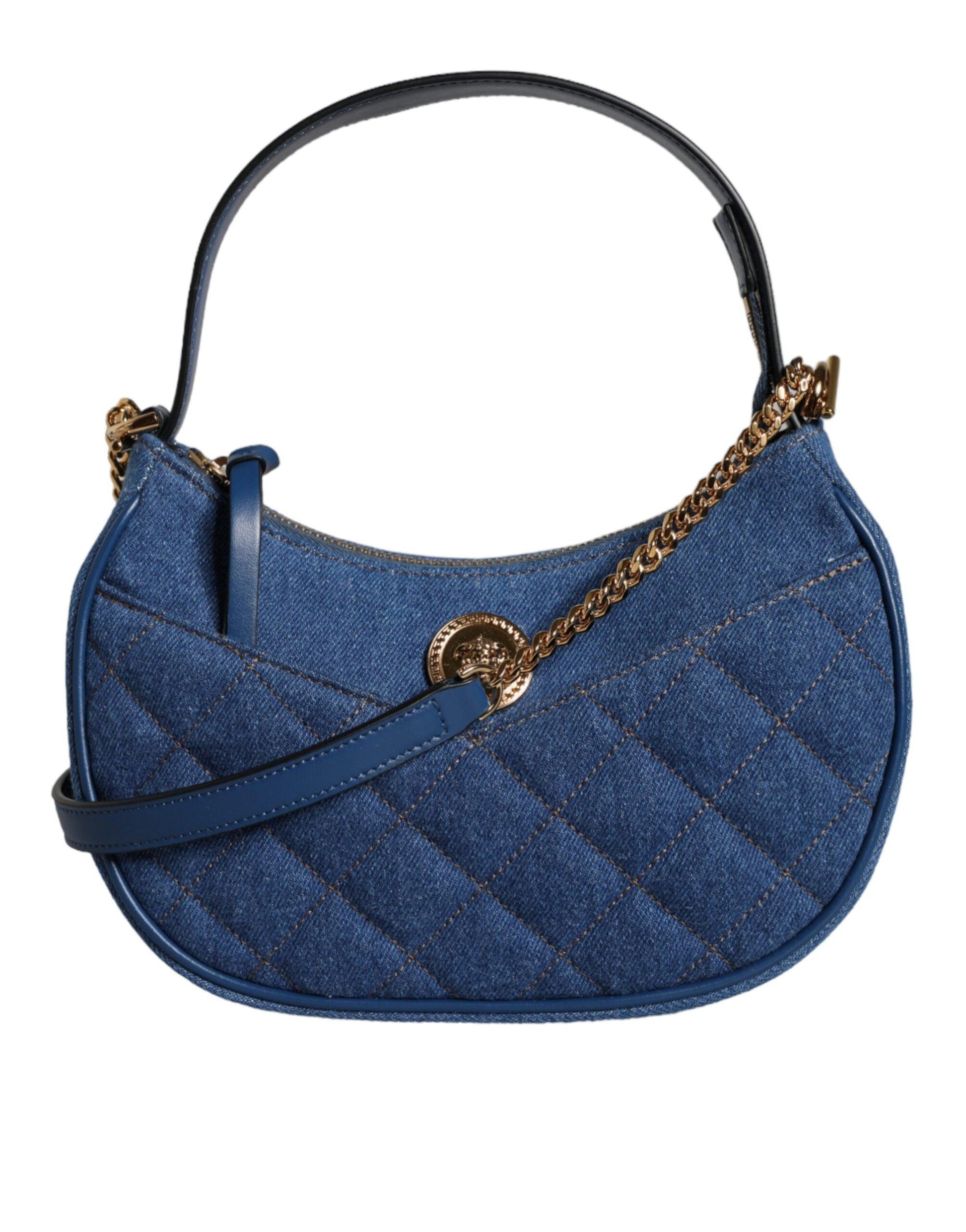 Versace Blue Quilted Denim Leather Top Handle Shoulder Bag - Arichezz.store