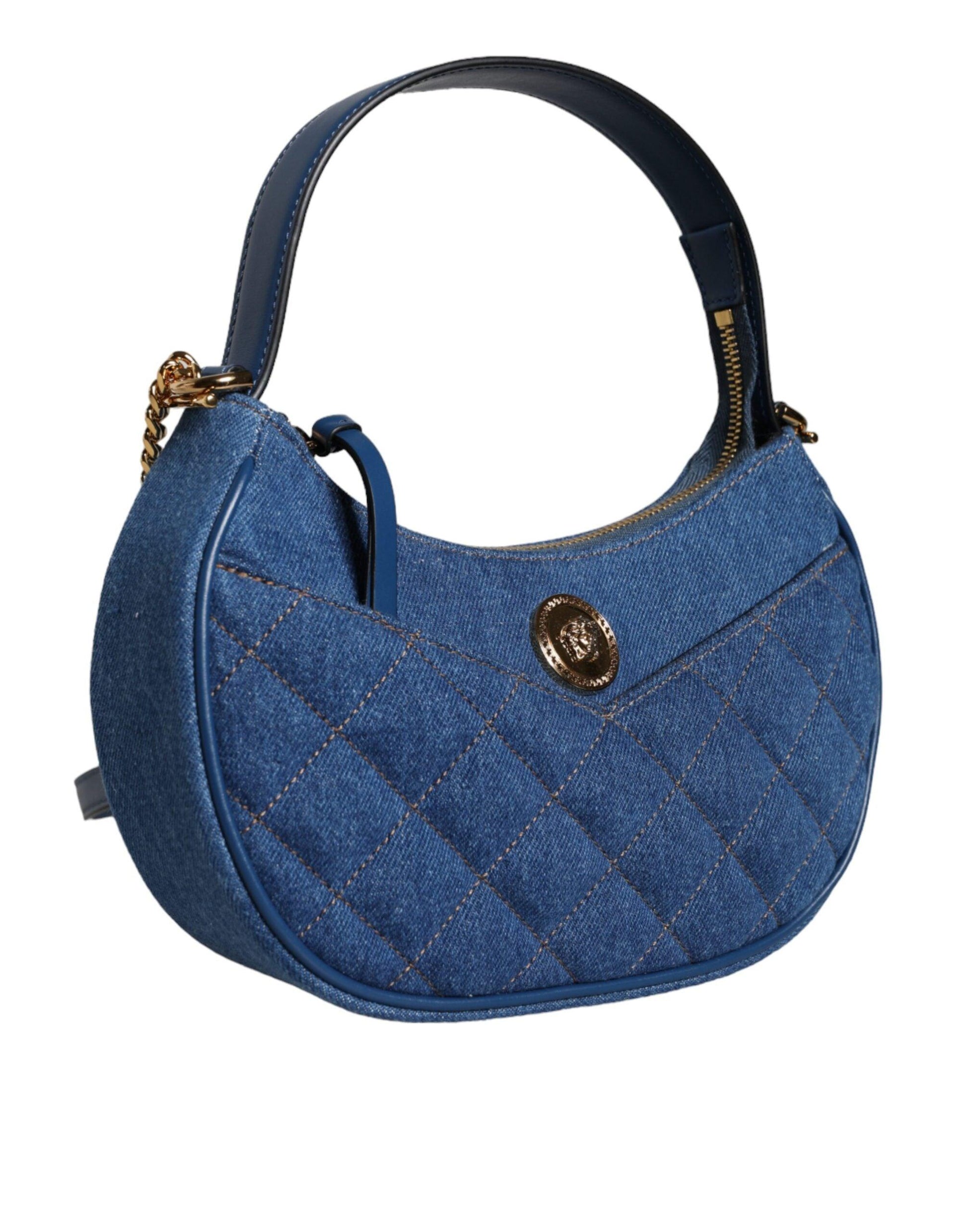 Versace Blue Quilted Denim Leather Top Handle Shoulder Bag - Arichezz.store