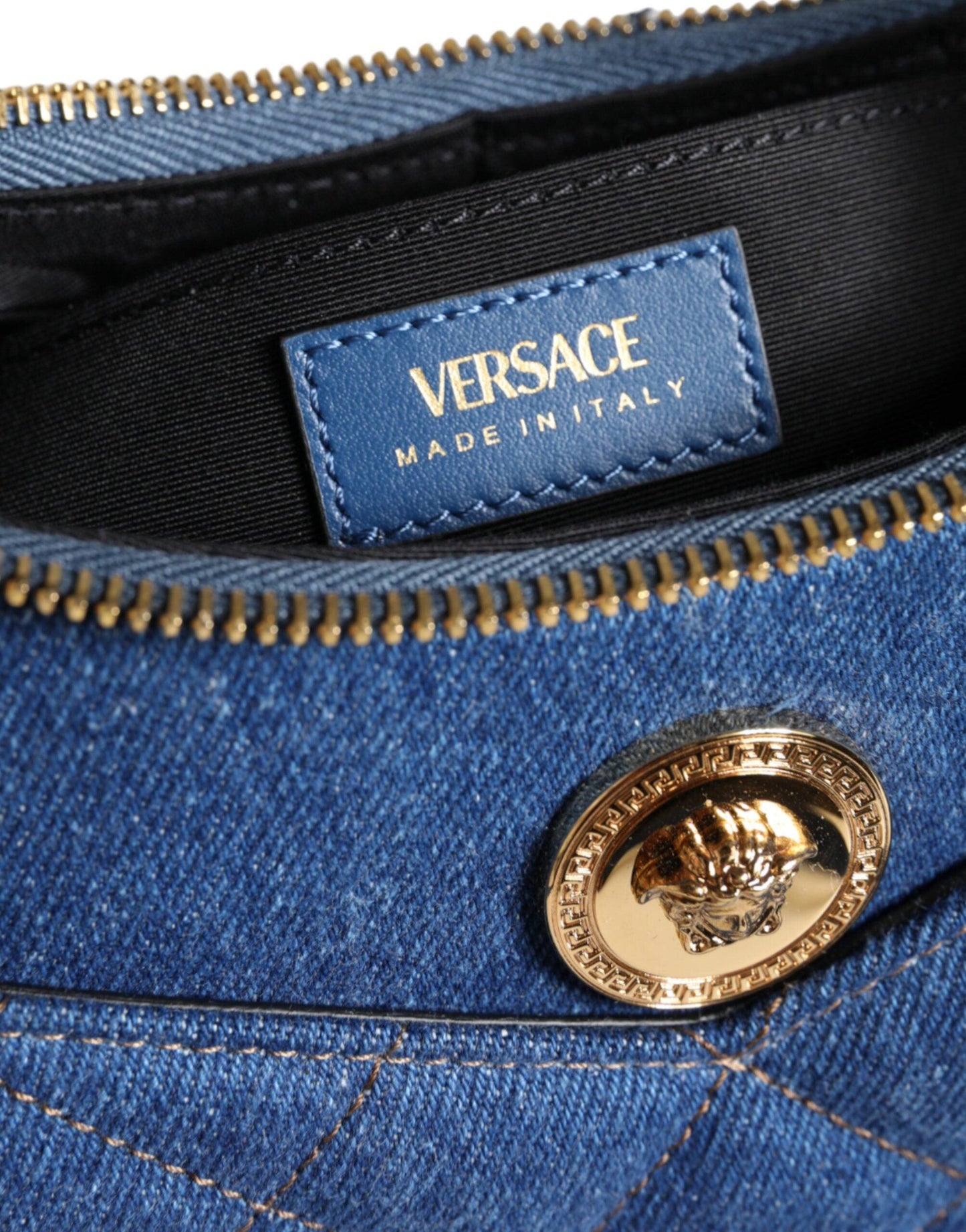 Versace Blue Quilted Denim Leather Top Handle Shoulder Bag - Arichezz.store