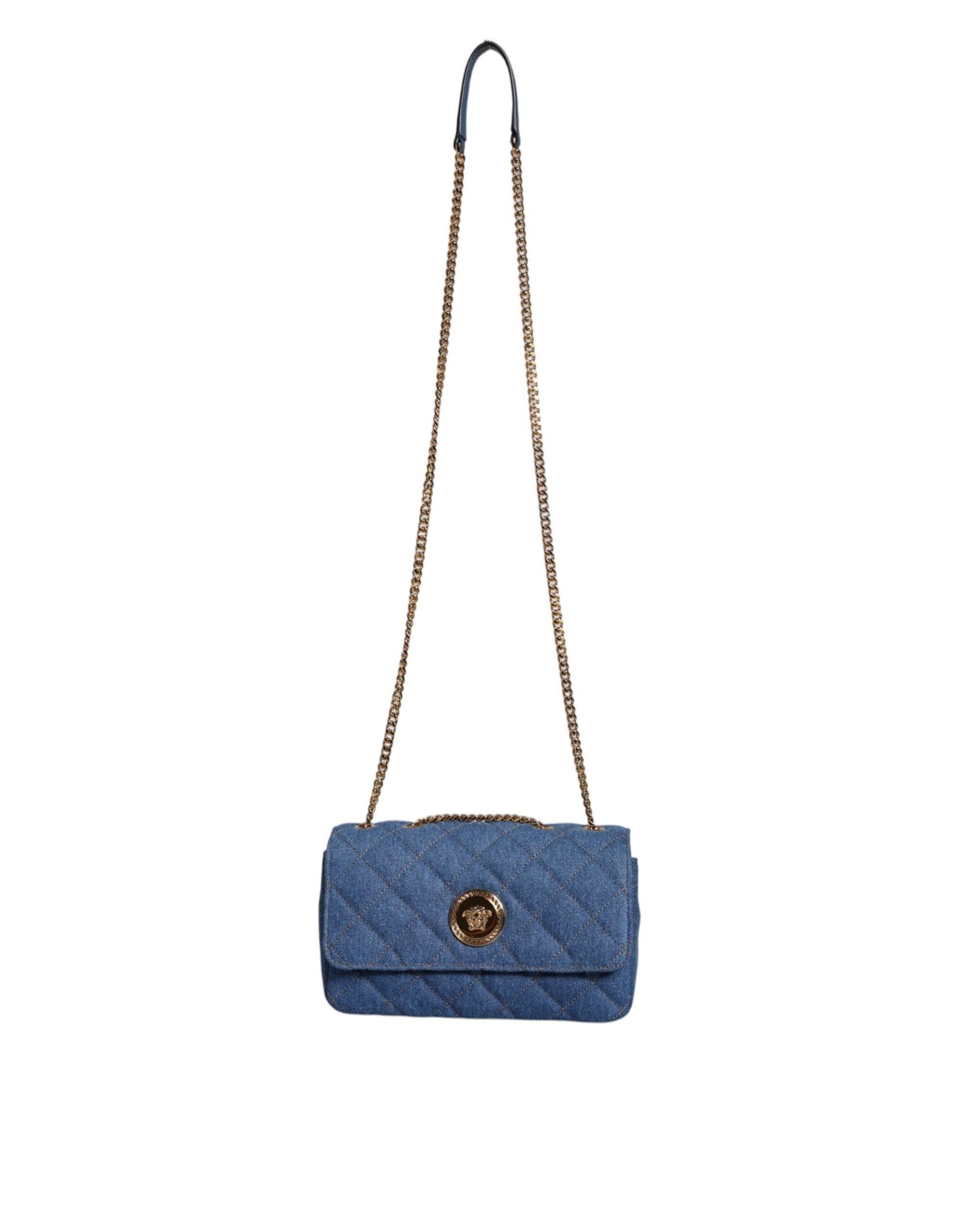 Versace Blue Quilted Denim Leather Crossbody Shoulder Bag - Arichezz.store