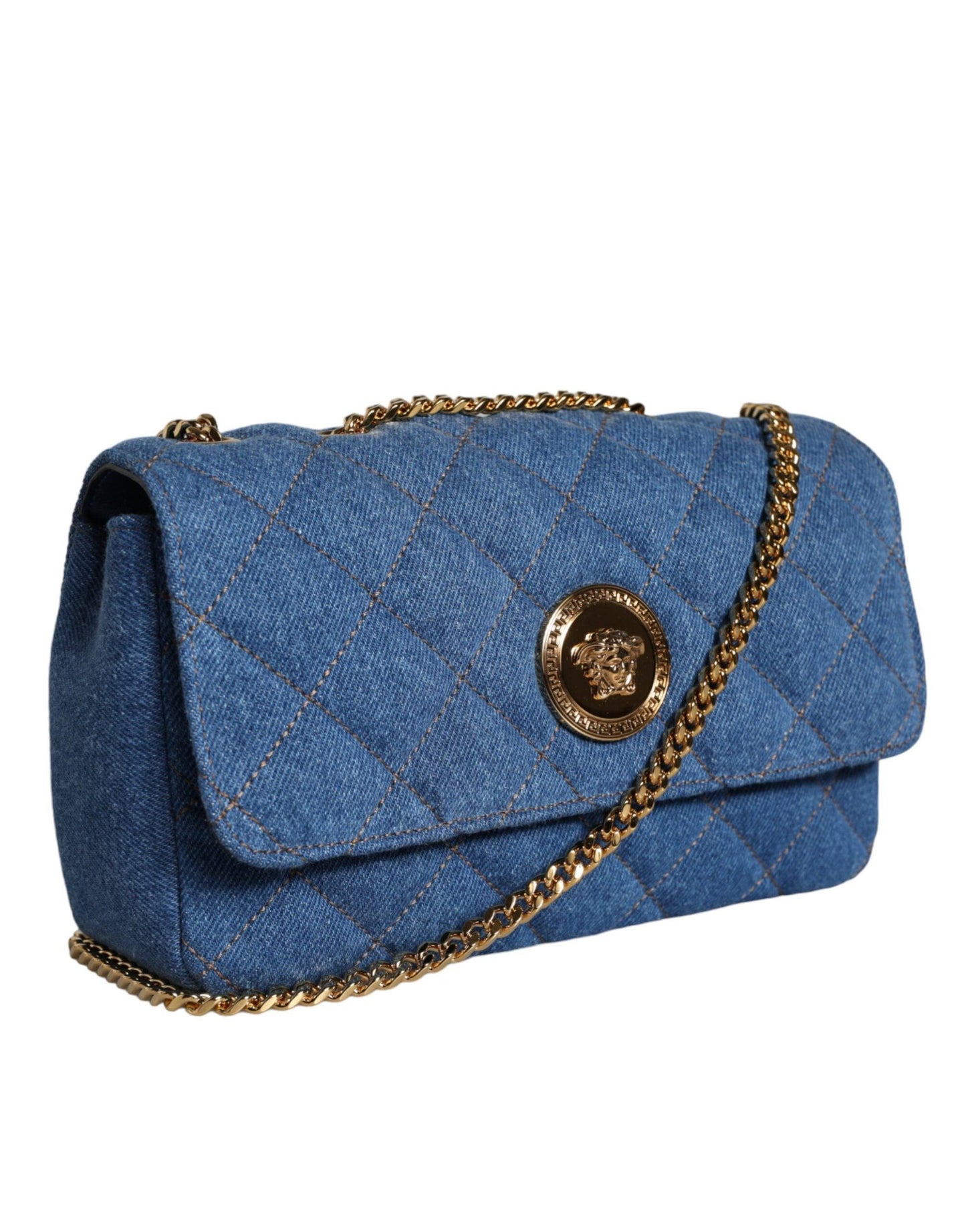 Versace Blue Quilted Denim Leather Crossbody Shoulder Bag - Arichezz.store