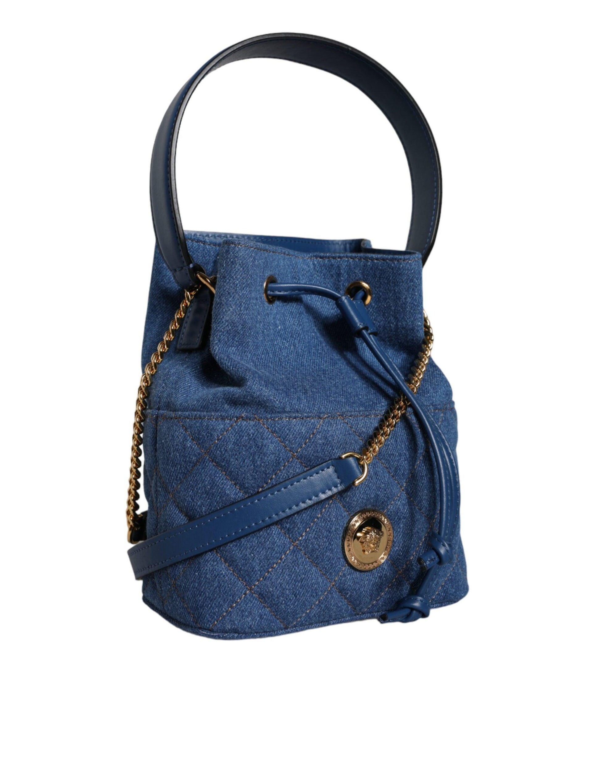 Versace Blue Quilted Denim Leather Crossbody Shoulder Bag - Arichezz.store