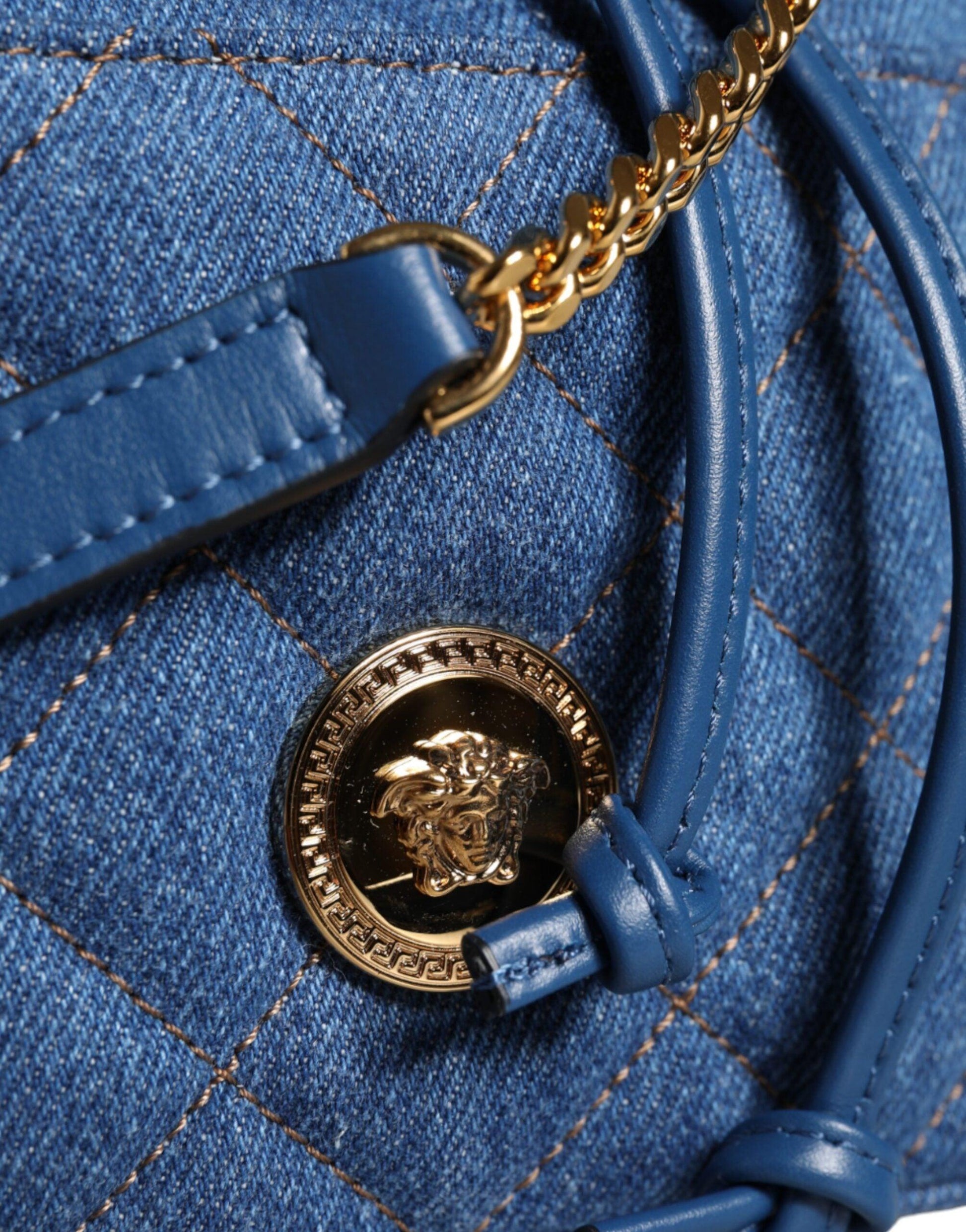 Versace Blue Quilted Denim Leather Crossbody Shoulder Bag - Arichezz.store