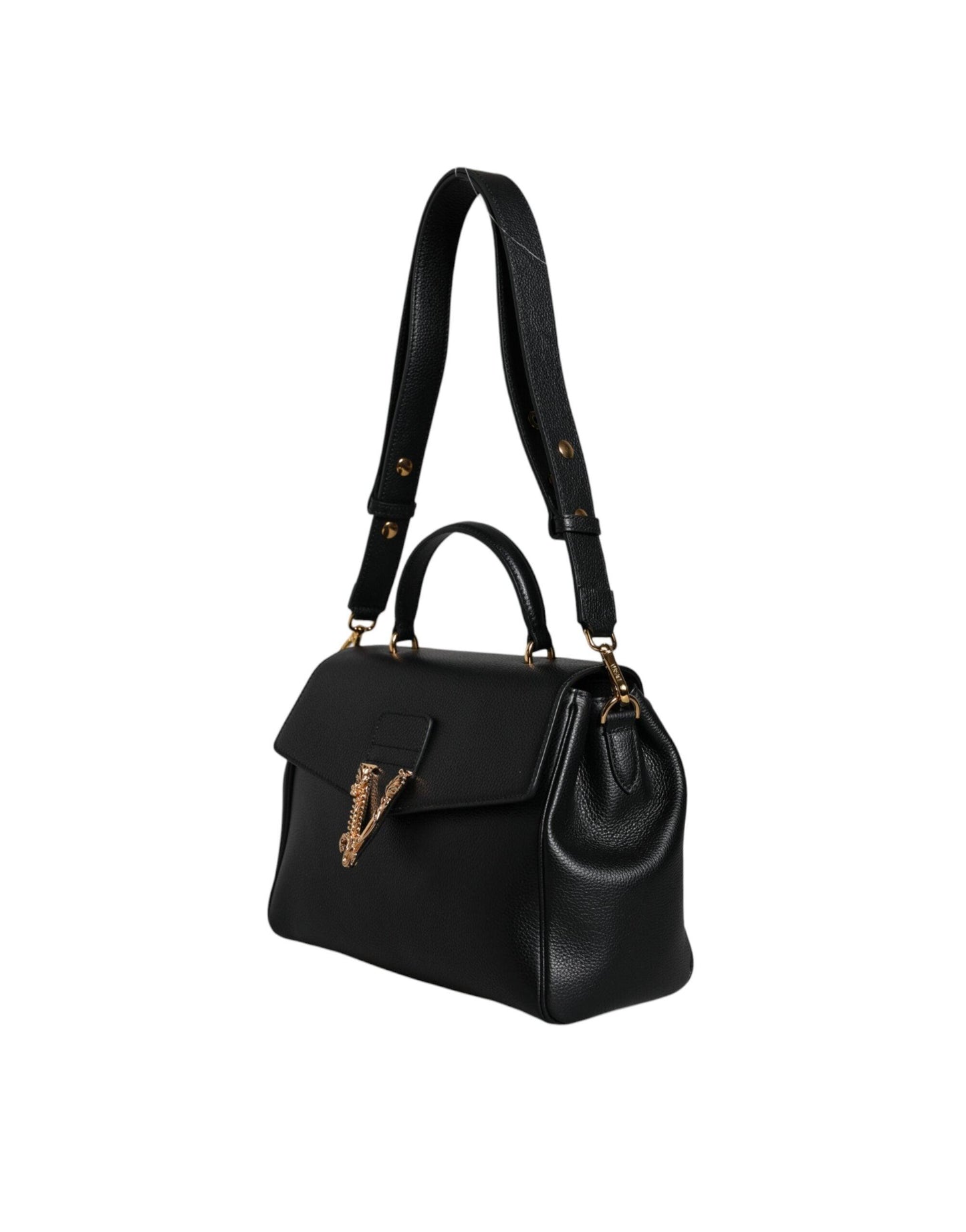 Versace Black Top Handle Grainy Calfskin Leather Crossbody Bag - Arichezz.store