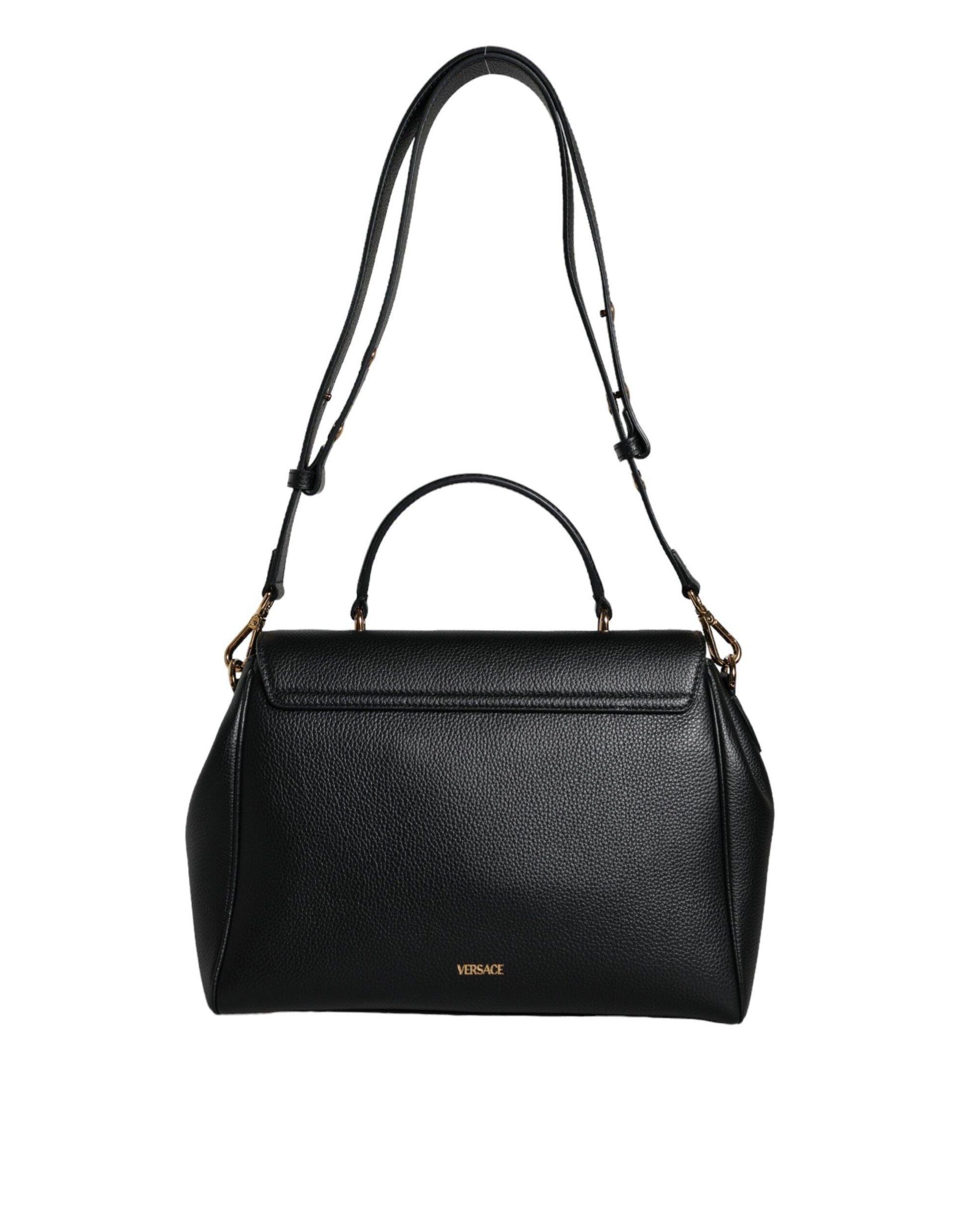 Versace Black Top Handle Grainy Calfskin Leather Crossbody Bag - Arichezz.store