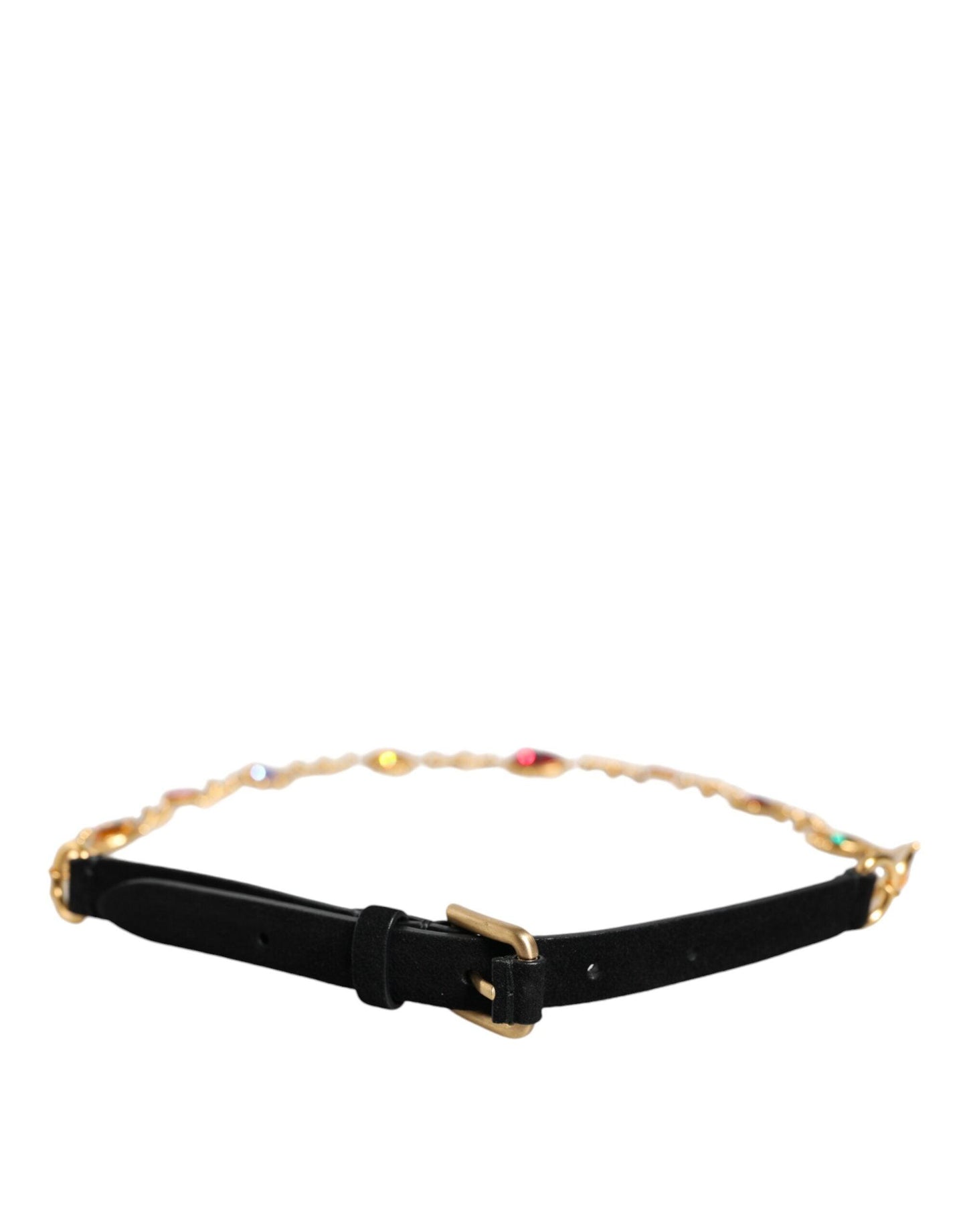 Dolce & Gabbana Black Leather Gold Brass Crystal Chain Waist Belt - Arichezz.store