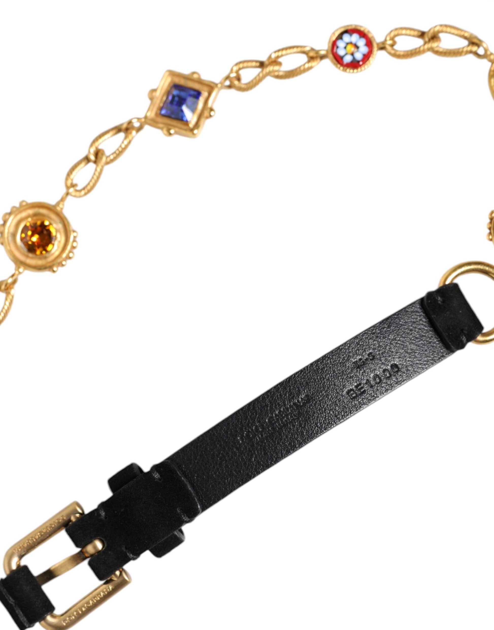 Dolce & Gabbana Black Leather Gold Brass Crystal Chain Waist Belt - Arichezz.store