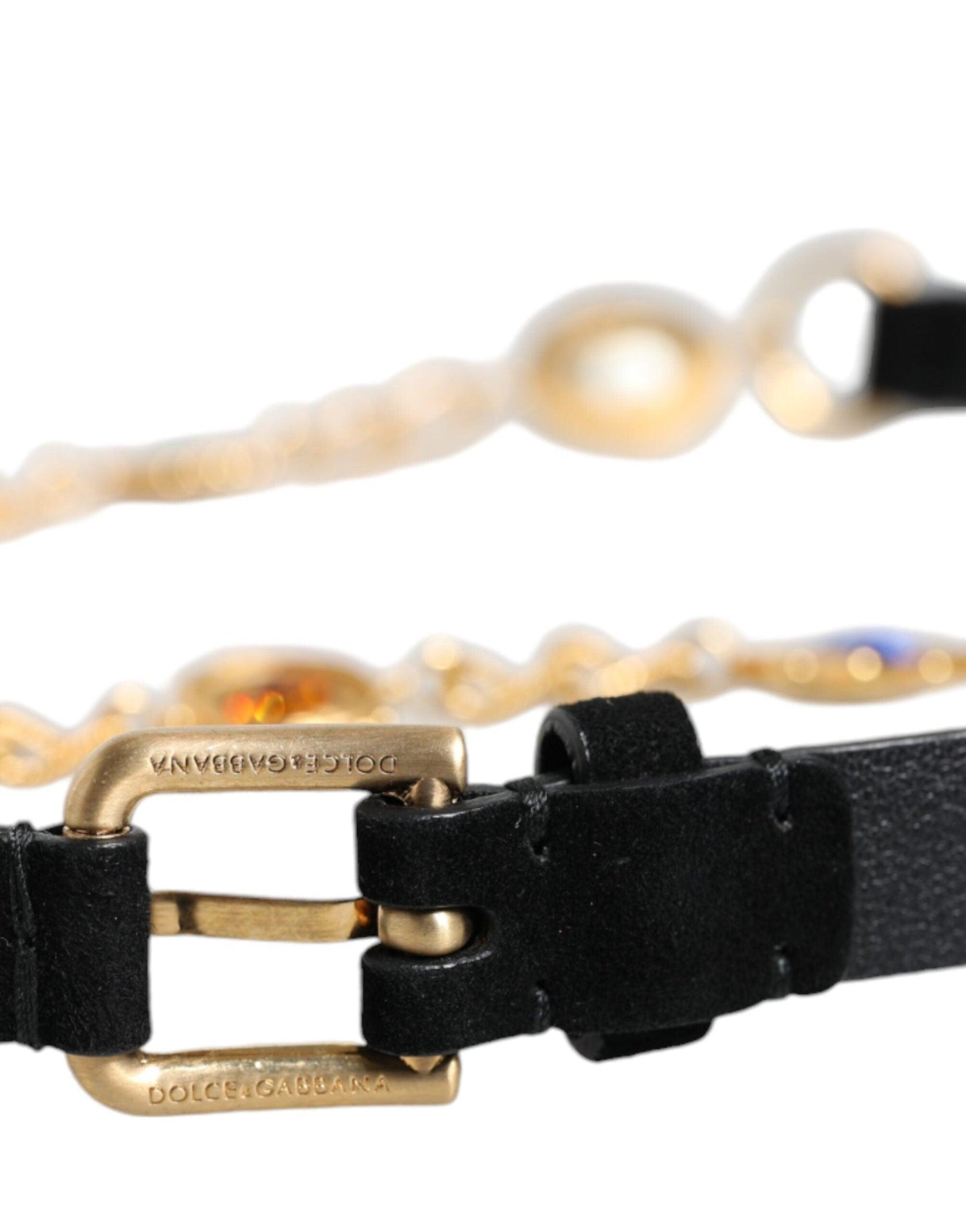 Dolce & Gabbana Black Leather Gold Brass Crystal Chain Waist Belt - Arichezz.store