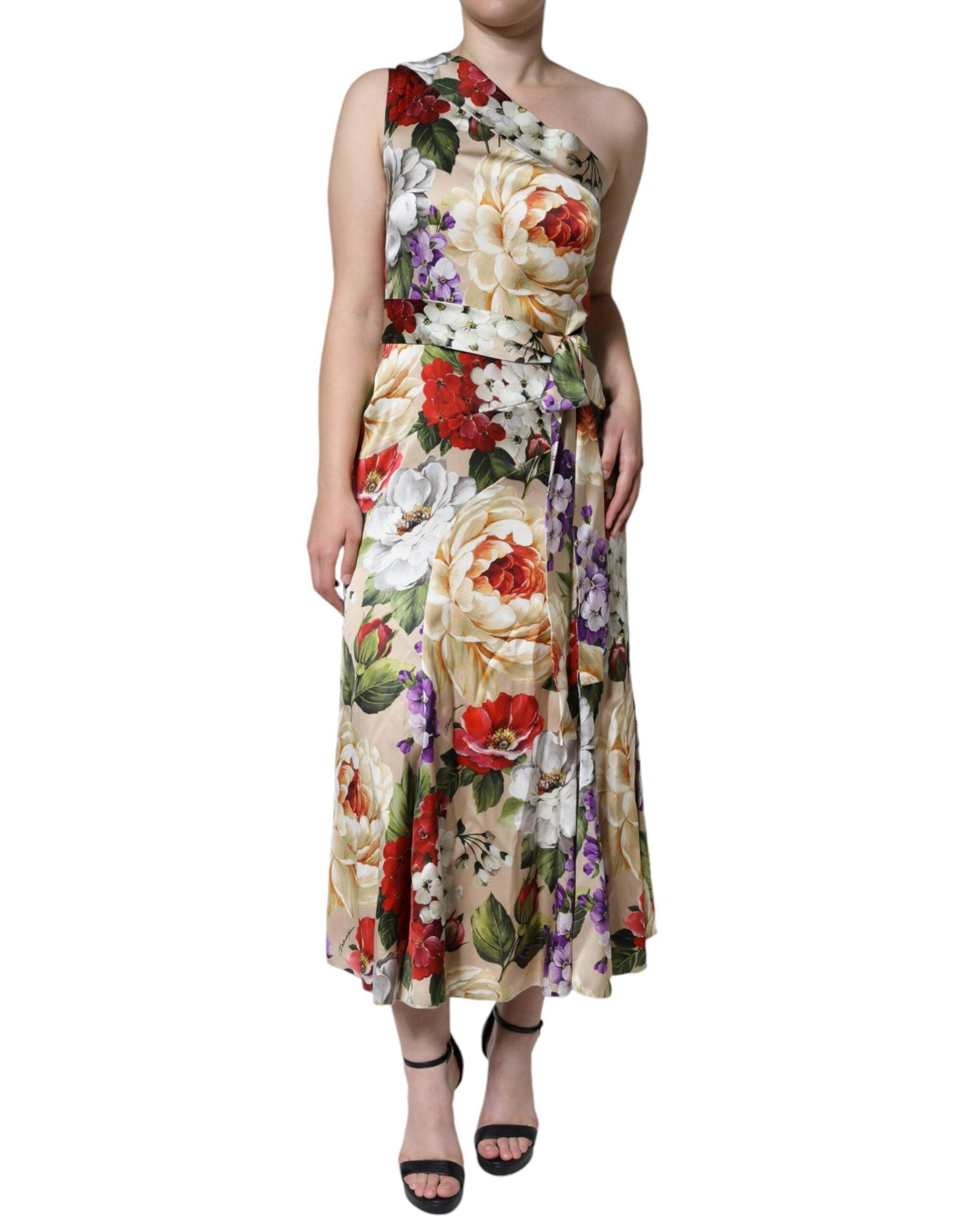 Dolce & Gabbana Multicolor Floral Silk Stretch One Shoulder Dress - Arichezz.store