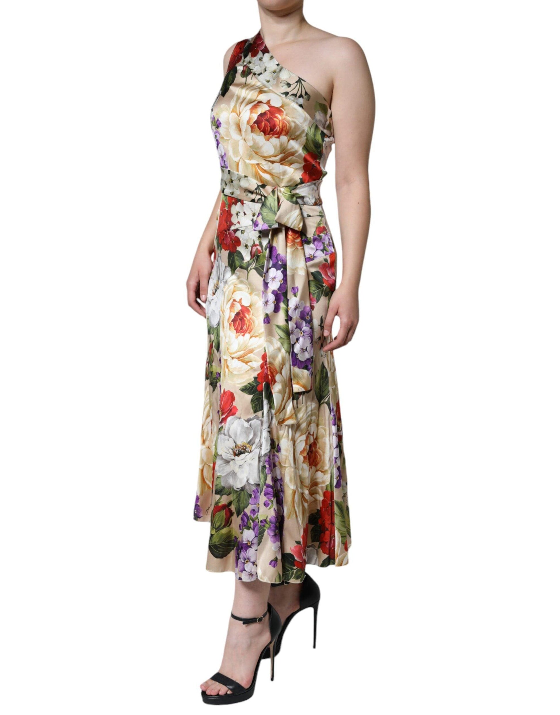 Dolce & Gabbana Multicolor Floral Silk Stretch One Shoulder Dress - Arichezz.store