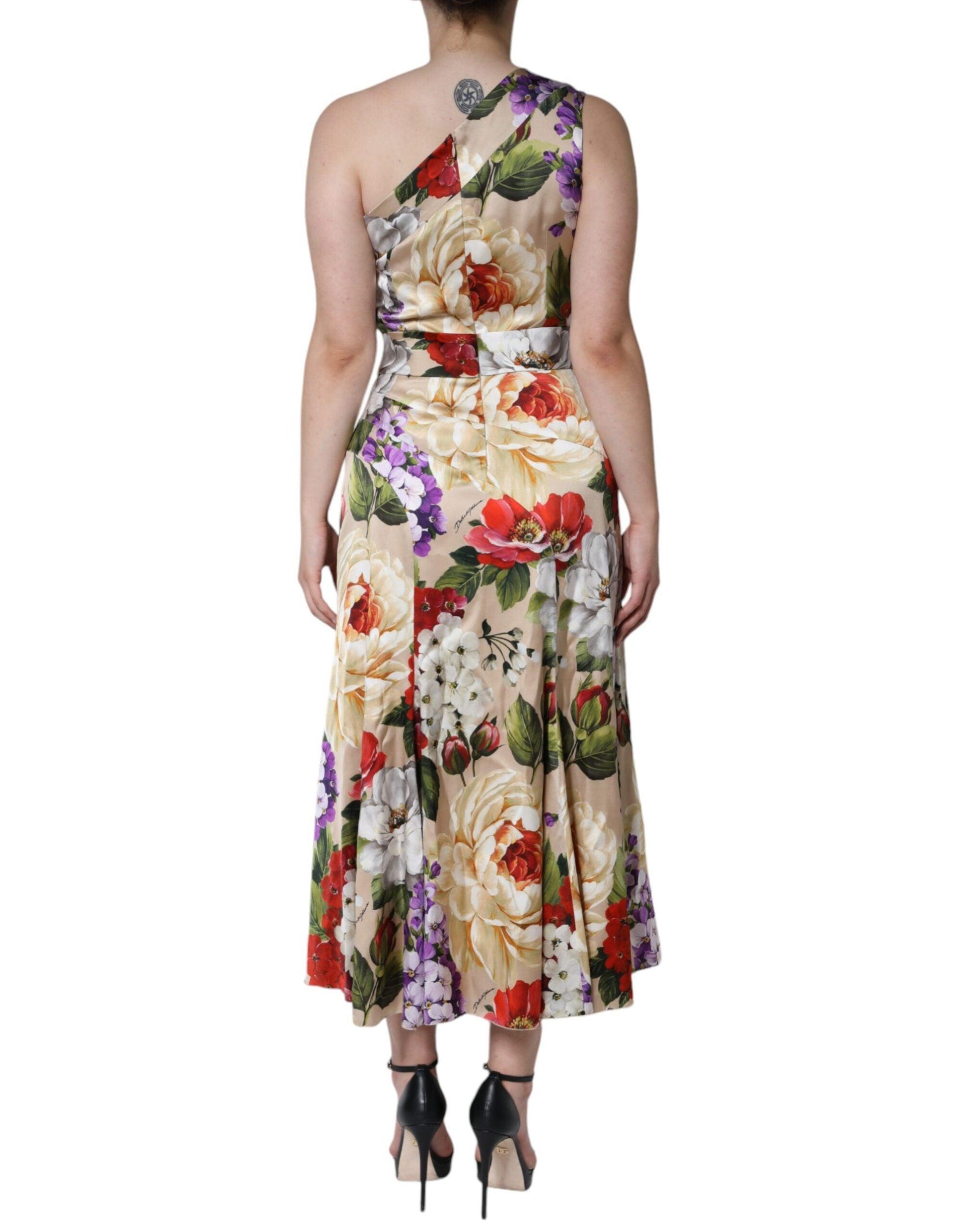 Dolce & Gabbana Multicolor Floral Silk Stretch One Shoulder Dress - Arichezz.store