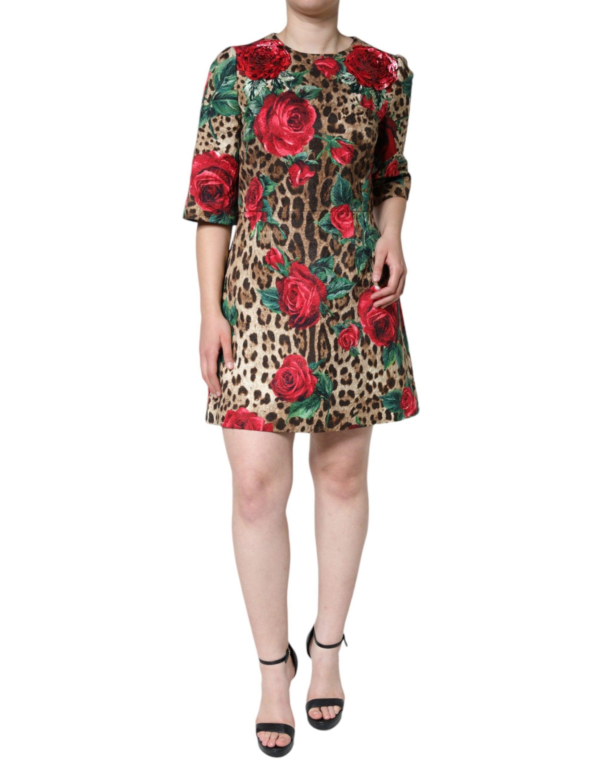 Dolce & Gabbana Brown Leopard Red Roses Cotton A-line Dress - Arichezz.store